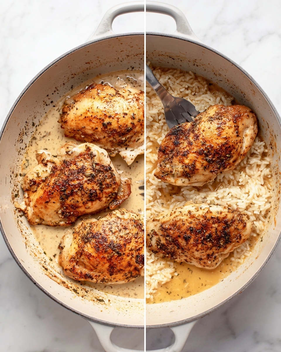 The image shows a top view of a light gray pot with three browned, seasoned chicken pieces inside. On the left side, the chicken pieces rest on a light creamy surface with some cooked juices, and a pair of metal tongs is holding one piece. On the right side, the same chicken pieces are partly submerged in a creamy light brown sauce with rice visible beneath the sauce, filling the bottom of the pot. The pot is placed on a white marbled surface. Photo taken with an iphone --ar 4:5 --v 7