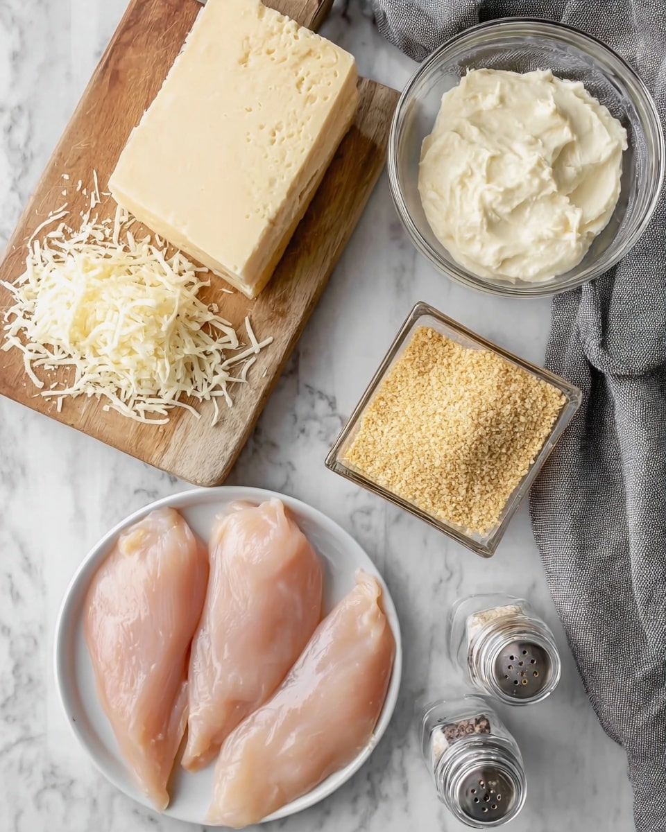 The image shows three raw chicken pieces placed side by side on a white speckled plate at the bottom left. Above the chicken, there is a small wooden board holding a large block of pale yellow cheese and a pile of grated cheese next to it. To the right of the wooden board, a small glass bowl contains a creamy white sauce with a smooth texture. Below the bowl and slightly to the right, there is a small square container filled with fine yellowish breadcrumbs. On the bottom right, two glass salt and pepper shakers are placed close together. A gray cloth napkin is folded and set near the top right corner, and the whole scene is set on a white marbled surface. Photo taken with an iphone --ar 4:5 --v 7