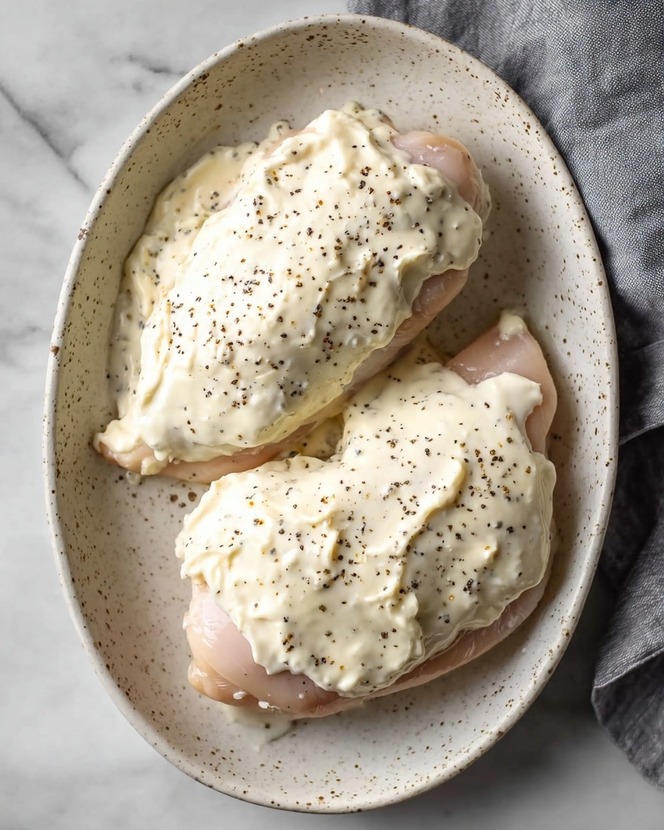 Two raw pink chicken fillets lie side by side inside a beige speckled oval dish. Each fillet is covered with a thick layer of pale yellow creamy mixture speckled with small black pepper bits. The dish is placed on a white marbled surface, and a light gray cloth is partially visible on the right side. The overall look is clean and simple with soft natural light. photo taken with an iphone --ar 4:5 --v 7