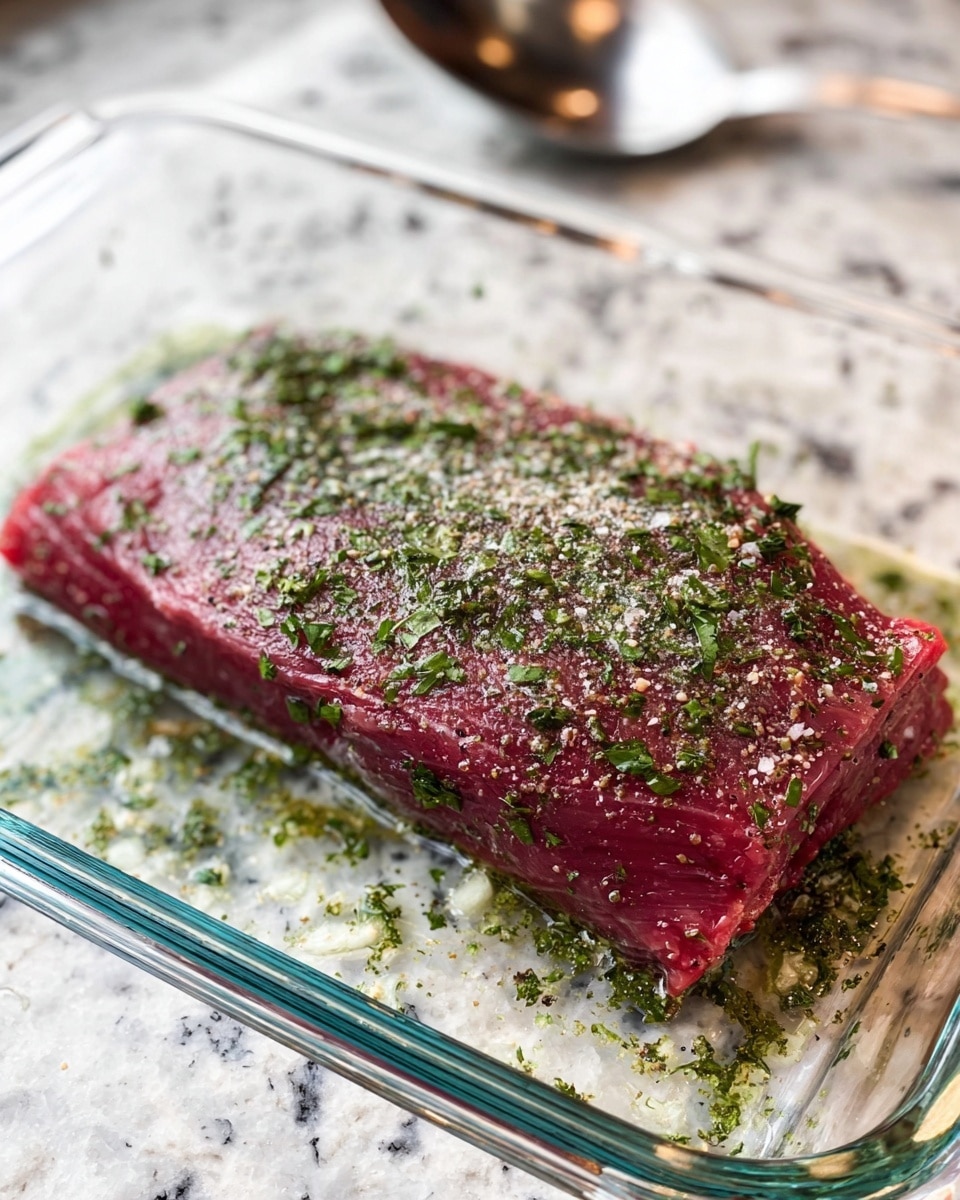 A thick red piece of raw meat lies flat in a clear glass dish on a white marbled surface. The meat is topped with scattered bright green chopped herbs and a sprinkle of coarse white salt. The glass dish also contains a light layer of oil or marinade that surrounds the meat, with some small green herb pieces floating in it. In the blurred background, a silver kitchen utensil is visible. Photo taken with an iphone --ar 4:5 --v 7