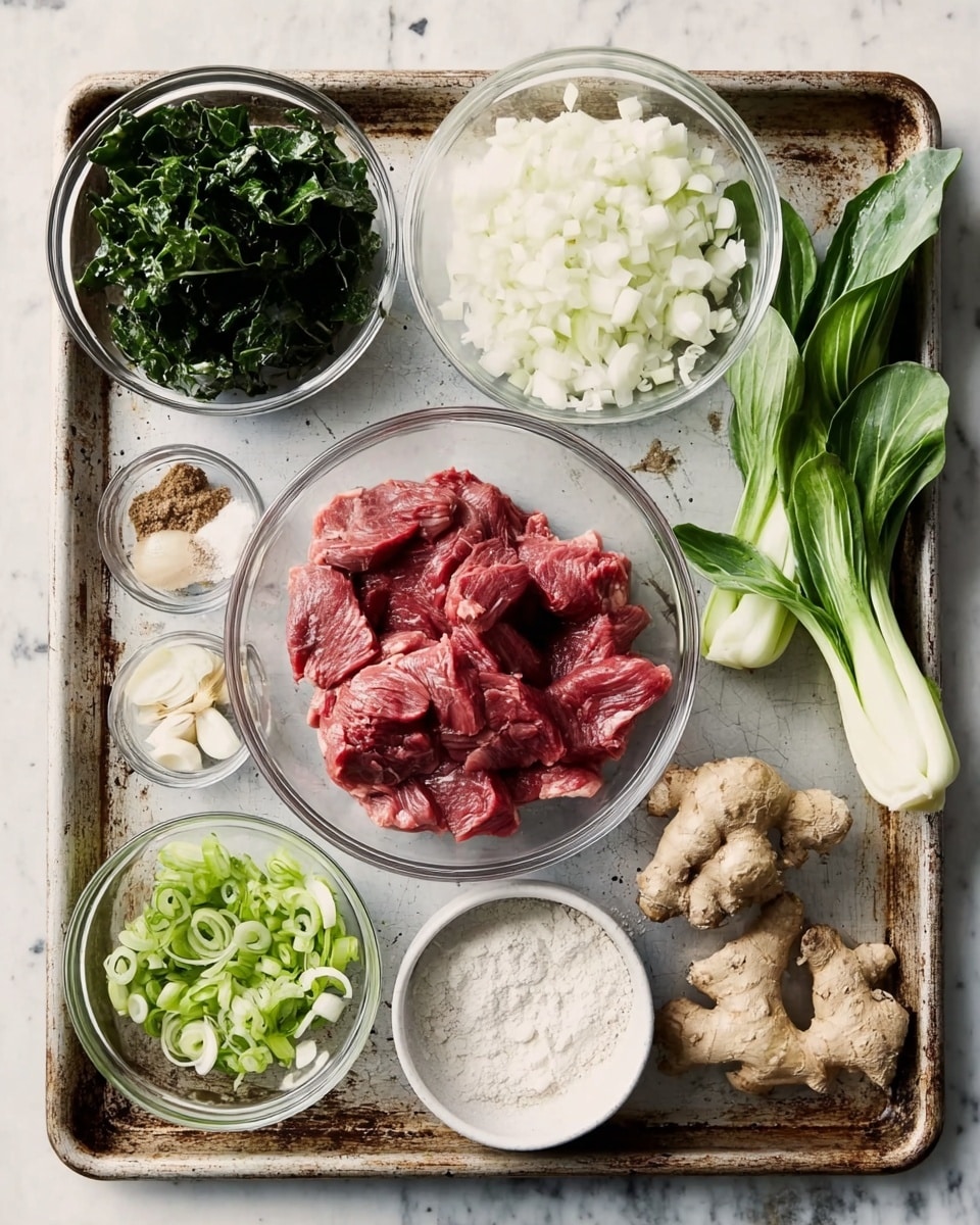 The image shows a baking tray with several glass bowls and ingredients arranged neatly on a white marbled surface. There are eight items: in the top left, a bowl with white sliced onions mixed with chopped green herbs; in the top middle, a bowl with raw sliced red meat; to the right, fresh green leafy vegetables; below the vegetables, a whole piece of fresh ginger; next to the ginger, a whole white garlic bulb; in the center bottom, a small bowl of dark soy sauce; near the bottom left, a bowl of fresh green leafy kale; next to that, a bowl of white flour; and finally, two small bowls on the bottom right containing chopped green onions or scallions in two different sizes. photo taken with an iphone --ar 4:5 --v 7