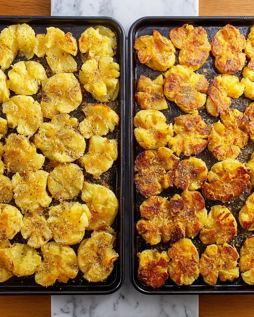 The image shows two black trays side by side on a white marbled surface. Each tray holds around 16 smashed potato pieces arranged in a tight grid. The tray on the left has lighter yellow potatoes with a soft, crushed texture, a rough, uneven surface, and visible sprinkles of black pepper. The tray on the right features the same smashed potatoes but roasted to a golden brown, with crispy edges and darker brown spots of light charring, still sprinkled with black pepper. The contrast between the soft uncooked and crispy cooked layers is clear. Photo taken with an iphone --ar 4:5 --v 7