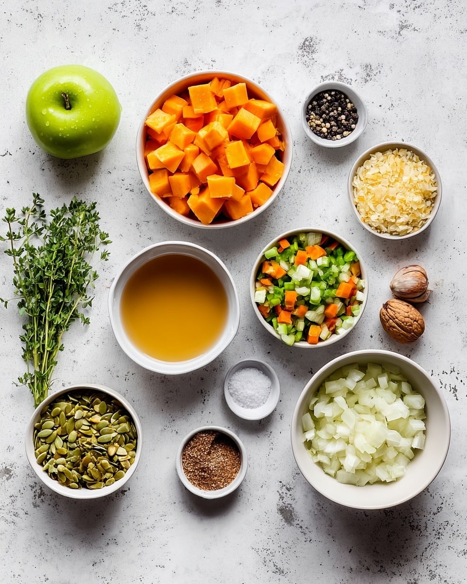 The image shows several small white bowls placed on a white marbled surface, each filled with different ingredients for cooking. One bowl holds orange cubed pieces, another has finely chopped green and orange vegetables layered in a mix, and a third contains chopped white onions. A larger white bowl contains a golden liquid, and smaller white bowls display light yellow minced pieces, brown round seeds, a brown whole nut with some powder, and a mix of salt and black pepper. To the left, some fresh green herbs and a green apple sit directly on the white marbled surface. The overall look is clean, colorful, and organized, with a clear focus on the fresh ingredients used in cooking. photo taken with an iphone --ar 4:5 --v 7