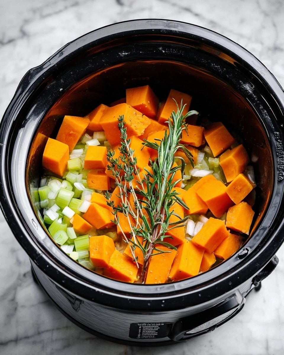 Inside a black slow cooker, there are three layers of ingredients. The bottom layer is made of small green celery pieces and orange carrot cubes, mixed with small bits of white onion. On top of that, there are large, bright orange chunks of butternut squash spread evenly. Lying across the squash are two fresh green herb sprigs, one rosemary and one thyme. The slow cooker is open and placed on a white marbled surface. Photo taken with an iphone --ar 4:5 --v 7