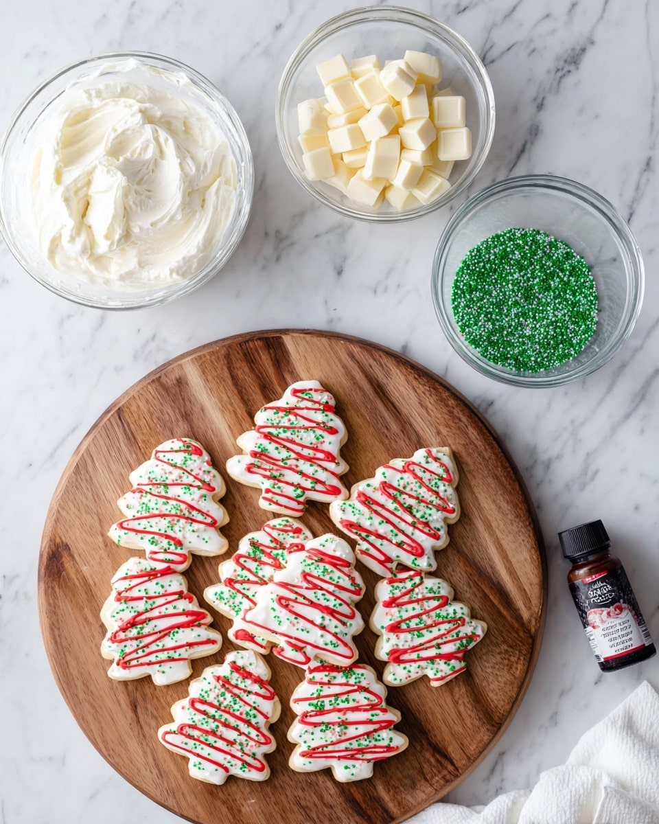 The image shows a round wooden board with eight Christmas tree-shaped cookies arranged in a circle. Each cookie is covered in smooth white icing as the base layer, with wavy red icing stripes created in parallel lines on top. Small green sugar sprinkles are scattered evenly over the entire surface of each cookie, adding a festive touch. The wooden board rests on a white marbled surface. Around the board, there are three clear glass bowls: one filled with white creamy frosting, one with green sugar sprinkles, and one with white chocolate chunks. There is also a small dark brown bottle labeled food coloring near the bowls. Photo taken with an iphone --ar 4:5 --v 7