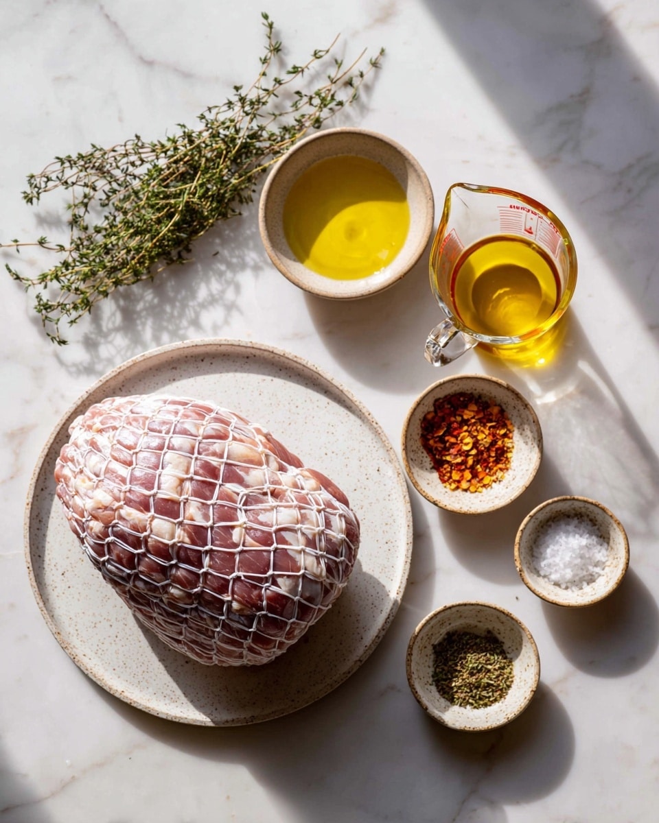 A large piece of raw meat wrapped in a white net rests on a round white plate with a slightly speckled texture, positioned on a white marbled surface. Around the plate, there are five small ceramic bowls, each holding different ingredients: one bowl contains a golden yellow oil, another holds coarse white salt, a third has a light brown powder, a fourth is filled with red and orange crushed flakes, and the last one contains dried green herbs. In the top left corner, a small bunch of fresh thyme sprigs is laid out. Near the top right, there is a clear glass measuring cup filled with golden yellow oil, casting a soft shadow on the surface. The natural light creates gentle shadows, highlighting the textures and colors clearly. Photo taken with an iphone --ar 4:5 --v 7