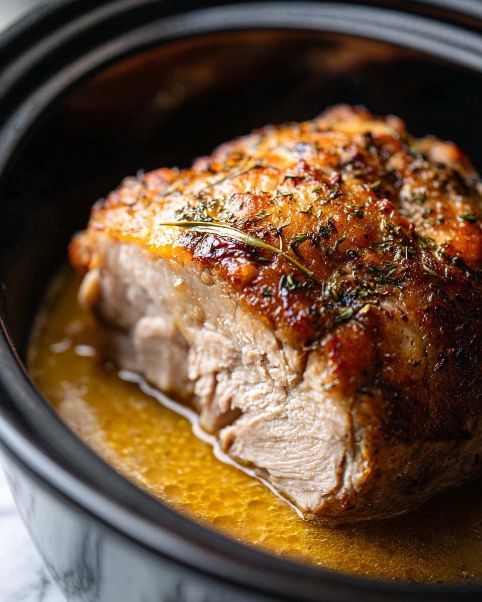 A large piece of golden brown roasted meat sits in a dark black pot filled with light golden juice. The meat has a crispy, slightly shiny outer layer tinted with small herbs sprinkled over it. The inside is tender and pale, visible because a slice has been taken out from the front. The focus is close up, showing the texture of the meat and the juicy liquid around it. The pot rests on a white marbled surface. photo taken with an iphone --ar 4:5 --v 7
