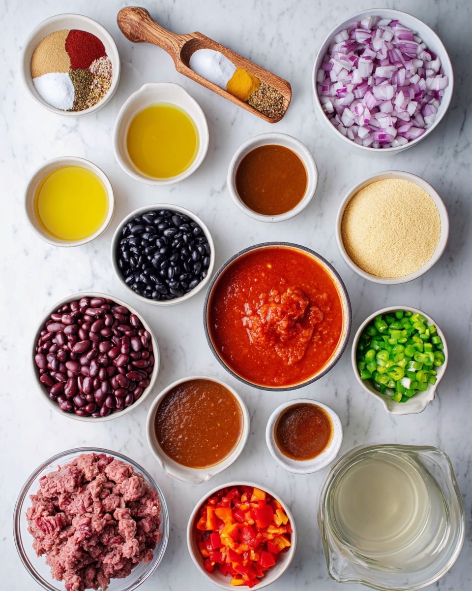 The image shows multiple small white bowls and a clear glass cup arranged on a white marbled surface, each filled with different colorful ingredients. There is a wooden scoop holding a mix of spices in various shades of brown, red, yellow, and white at the top left. Below it, three small light beige bowls contain yellow oil, brown sauce, and brown sugar. On the right at the top, a white bowl is filled with chopped purple onions, next to a bowl with light yellow powder. Below these, a white bowl is filled with black beans and another one with red kidney beans. To the right of the beans is a large white bowl containing chunky red tomato sauce. Near the center, smaller beige bowls contain chopped green peppers, minced garlic, and red chili paste. At the bottom are bowls holding chopped red bell pepper, clear water, a glass measuring cup with light beige broth or beer, and a large bowl with raw chunks of beef and ground beef mixed together. The layout is neat, with vibrant colors and textures clearly visible. photo taken with an iphone --ar 4:5 --v 7