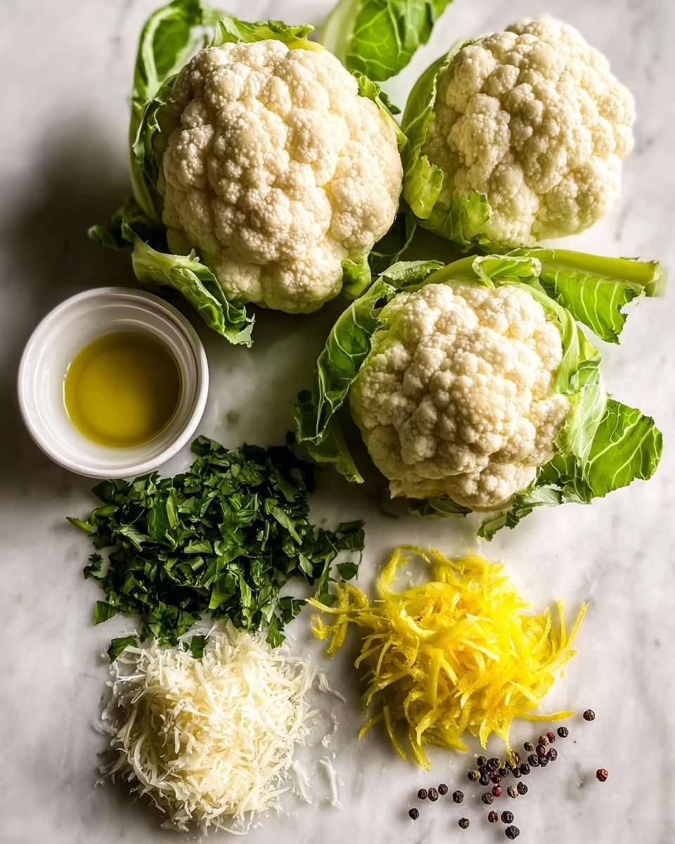 The image shows three whole cauliflowers with light cream-colored heads and some green leaves surrounding them at the top of a white marbled surface. Below the cauliflowers, there is a pile of chopped green herbs next to a small heap of bright yellow lemon zest strips. To the left of the herbs and zest, a small white bowl holds golden olive oil, and below the bowl is a small pile of finely shredded white cheese. A few whole black peppercorns are scattered near the cheese. The lighting is soft and natural, highlighting the fresh textures and colors of all ingredients. photo taken with an iphone --ar 4:5 --v 7