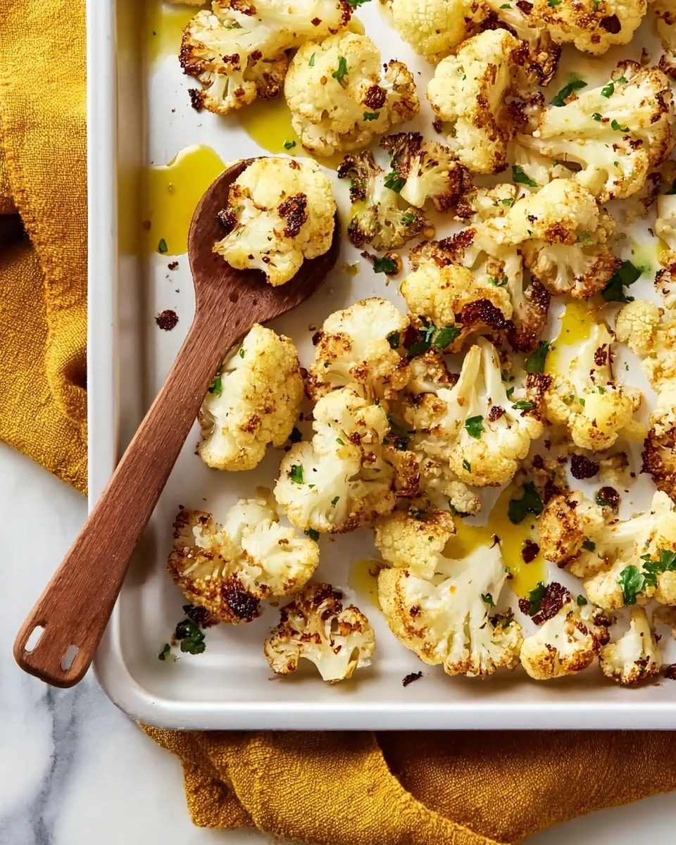 The image shows a white baking tray filled with golden-brown roasted cauliflower florets that have some charred edges for texture. The cauliflower pieces are scattered unevenly, with small bits of green herbs sprinkled across for color contrast. In the lower left corner, a wooden spoon holds two cauliflower florets. The tray is placed partially on a white marbled surface with a mustard yellow cloth beneath its left side. There is a small pool of melted yellow butter or oil near the top center of the cauliflower. photo taken with an iphone --ar 4:5 --v 7