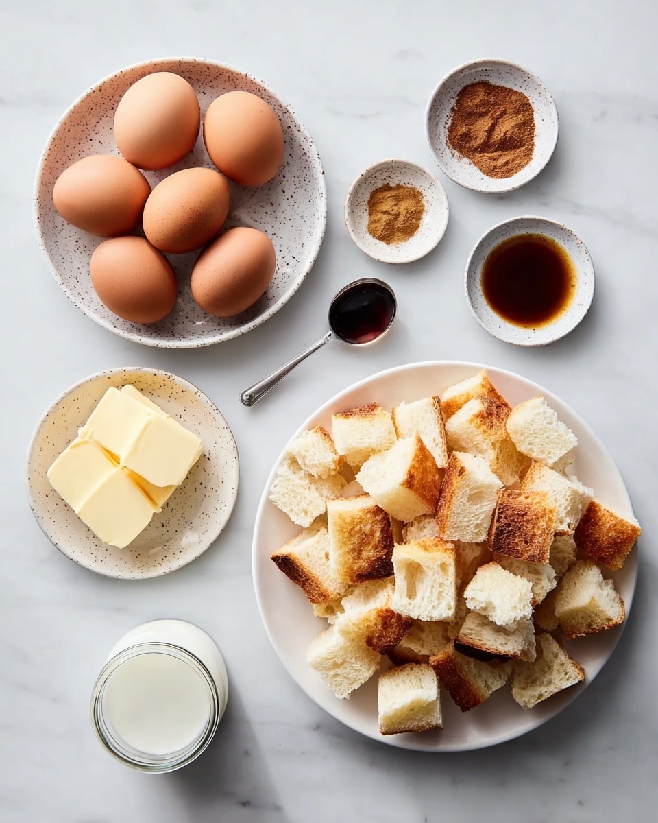 The image shows a white plate filled with roughly cut bread cubes, with golden-brown crusts and soft white insides, placed to the right side. On the left, a speckled white plate holds six brown eggs. Above it, a small white dish contains a pile of brown powder, likely cinnamon. Below this dish, another small white bowl has a small amount of dark brown liquid, possibly vanilla extract. Below this, a small speckled plate holds two square slices of pale yellow butter. To the bottom left, two glass jars with white liquid, likely milk or cream, sit on a white marbled surface. The whole setup is on a white marbled background. photo taken with an iphone --ar 4:5 --v 7