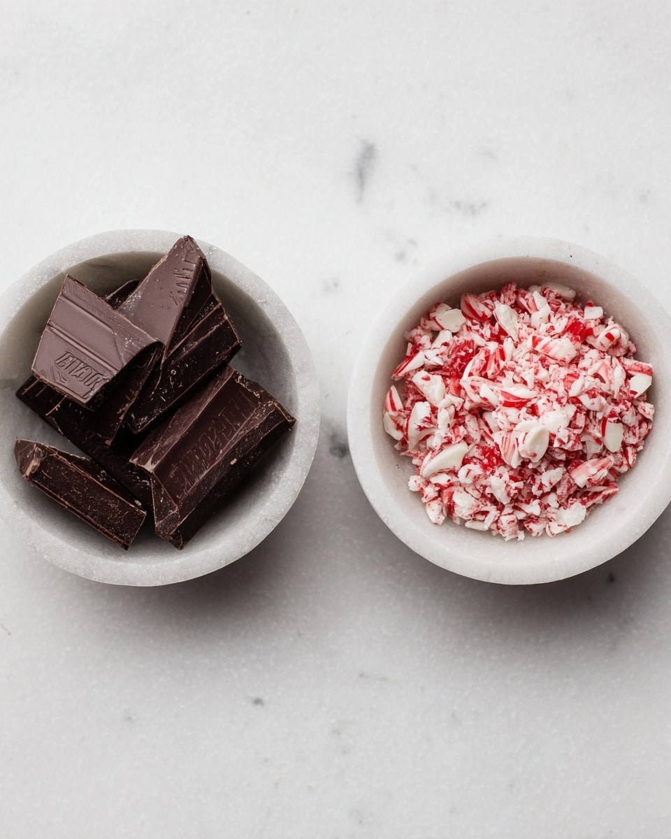 The image shows two small white marble bowls placed on a white marbled surface. The bowl on the left contains dark brown broken chocolate pieces with smooth and shiny textures, some pieces larger and rectangular with visible brand markings. The bowl on the right holds a pile of crushed peppermint candy with a mix of white and red colors in small irregular chunks, giving a rough and crunchy look. The bowls are positioned side by side with some space between them, creating a simple and clean composition. photo taken with an iphone --ar 4:5 --v 7