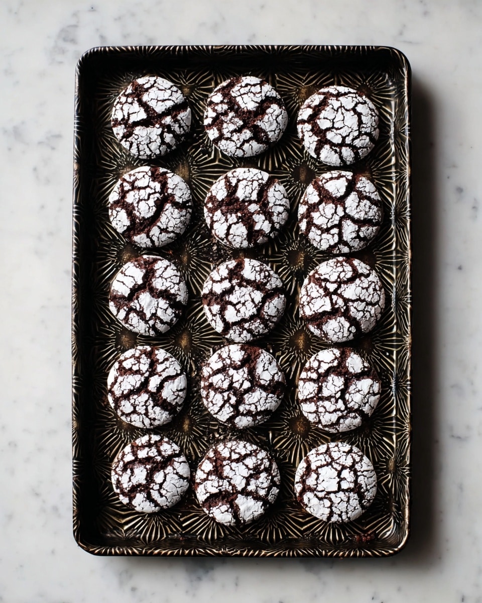 A rectangular dark baking tray with a patterned bottom holds twelve round chocolate cookies arranged in a 3 by 4 grid. Each cookie is dark brown with a cracked surface, showing irregular patches of white powdered sugar creating a cracked effect. The tray sits on a white marbled textured surface. photo taken with an iphone --ar 4:5 --v 7