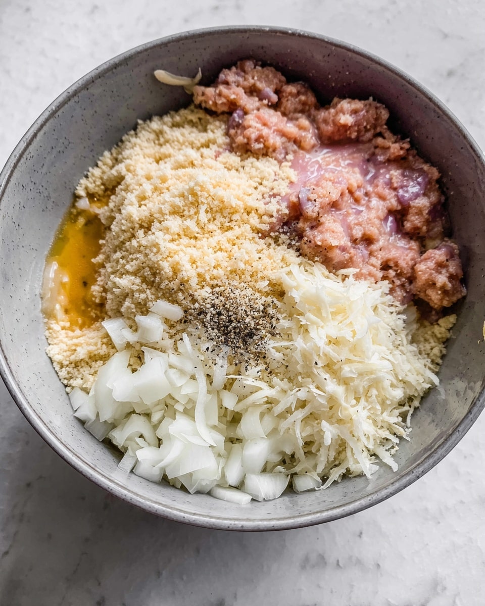 Inside a grey bowl, there are six main layers of ingredients seen from above; starting from the top right, there is a pinkish raw meat layer with some yellowish liquid; next to it on the upper center is a light beige crumbly layer that looks like breadcrumbs; to the top left and bottom left, there are small white onion pieces and pale white shredded cheese; in the middle, a small pile of finely chopped white garlic rests on top of a tiny dark sprinkle of black pepper; the ingredients are separated clearly, showing different textures and colors that contrast with the grey bowl and white marbled surface photo taken with an iphone --ar 4:5 --v 7