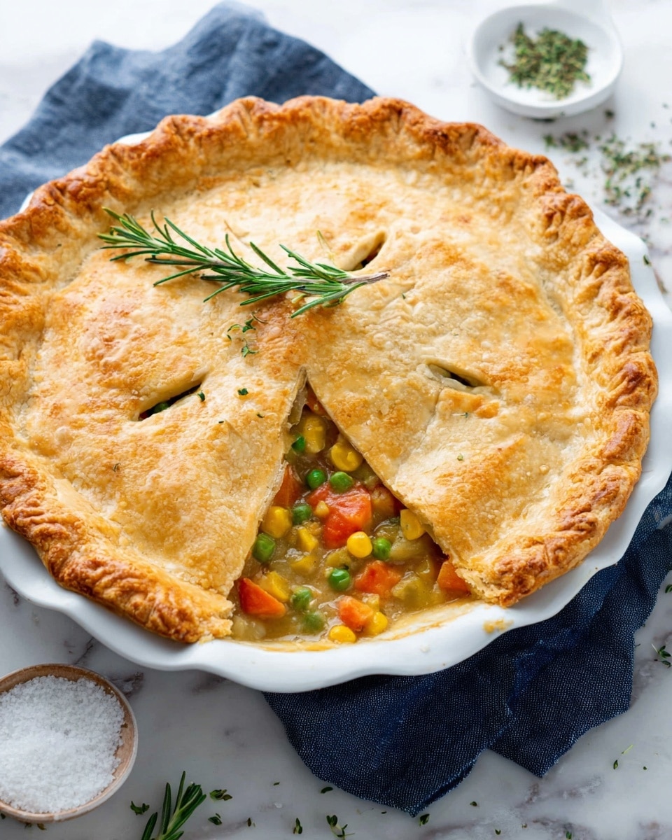 A golden-brown pie with a flaky, slightly cracked crust sits in a white pie dish on a white marbled surface with a dark blue cloth underneath. The pie has three slits on top for venting, and one slice is missing, showing its filling of bright orange carrot pieces, green peas, yellow corn, and light creamy sauce. The pie crust is crimped around the edges, and a sprig of fresh green rosemary lies diagonally across the top. A small white bowl filled with white granulated sugar and some scattered green herbs are visible nearby. Photo taken with an iphone --ar 4:5 --v 7