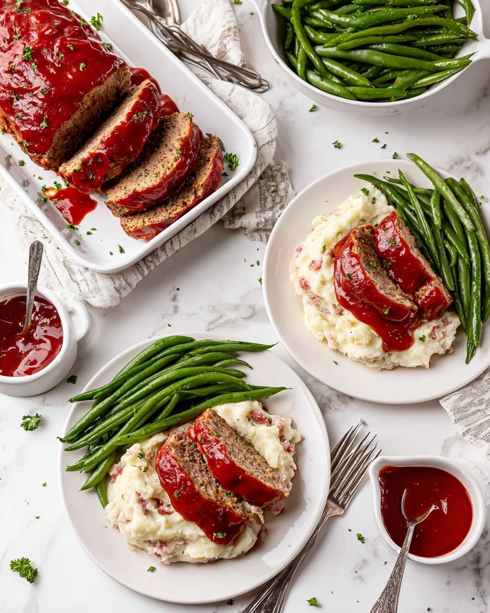 The image shows two white plates each stacked with three slices of meatloaf covered in thick, glossy red sauce placed on a bed of creamy mashed potatoes with small red bits, next to a bunch of bright green steamed green beans on the side. Above the plates, a white baking tray holds the rest of the sliced meatloaf, which has a browned, slightly crispy crust topped with the same red sauce and some green herbs sprinkled on top. To the top right, a white bowl is filled with more fresh green beans, while at the bottom right, a white bowl holds a large serving of the mashed potatoes. A small white sauce cup with a spoon contains extra red sauce on the left side. The whole scene is set on a clean white marbled surface with silver forks and utensils beside the plates, and some green garnish scattered around. photo taken with an iphone --ar 4:5 --v 7