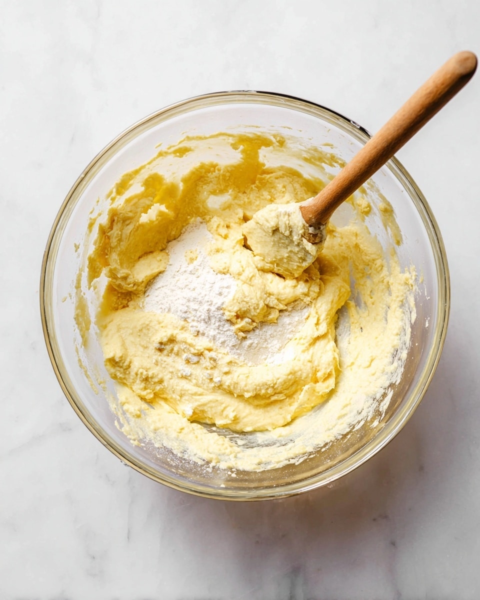 A clear glass mixing bowl sits on a white marbled surface, filled with a thick, pale yellow batter mixed unevenly with some white flour sprinkled on top. Inside the bowl, a wooden spatula with a light brown handle rests partially submerged, holding some batter on its edge. The batter's texture looks soft and creamy with slight lumps, and the edges of the bowl have streaks of batter clinging to the glass. Photo taken with an iphone --ar 4:5 --v 7