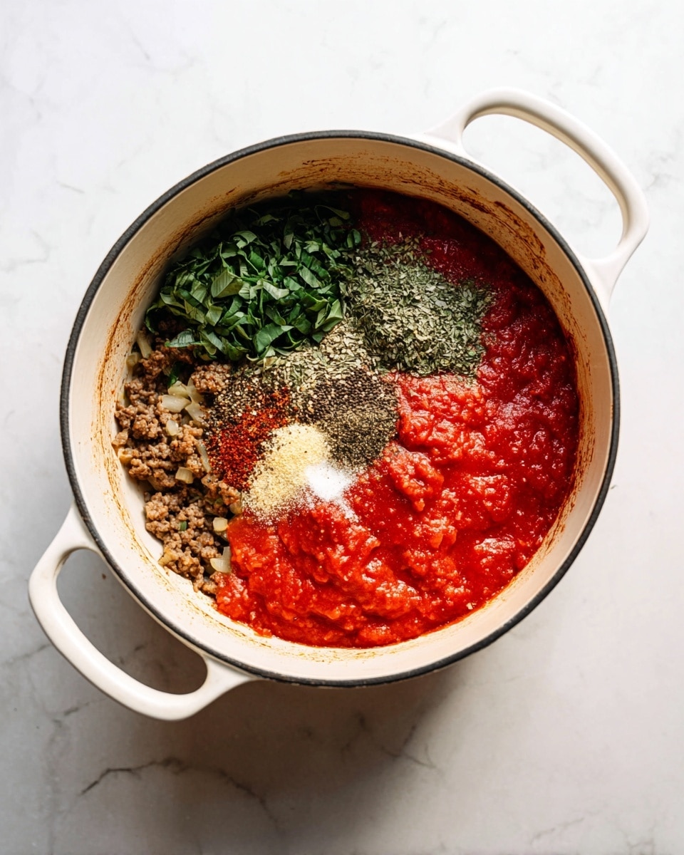 A white pot with two handles holds layers of food inside, placed on a white marbled surface. The bottom layer is a mix of cooked ground meat and small pieces of onion, light brown and soft looking. On top of that, a thick layer of bright red tomato sauce covers most of the meat. To the left side, there is a pile of fresh chopped green basil leaves. On the tomato sauce, several spices form small piles: dried green oregano, red chili flakes, black pepper, and white salt. The edges of the pot show spots of sauce and cooked bits. photo taken with an iphone --ar 4:5 --v 7