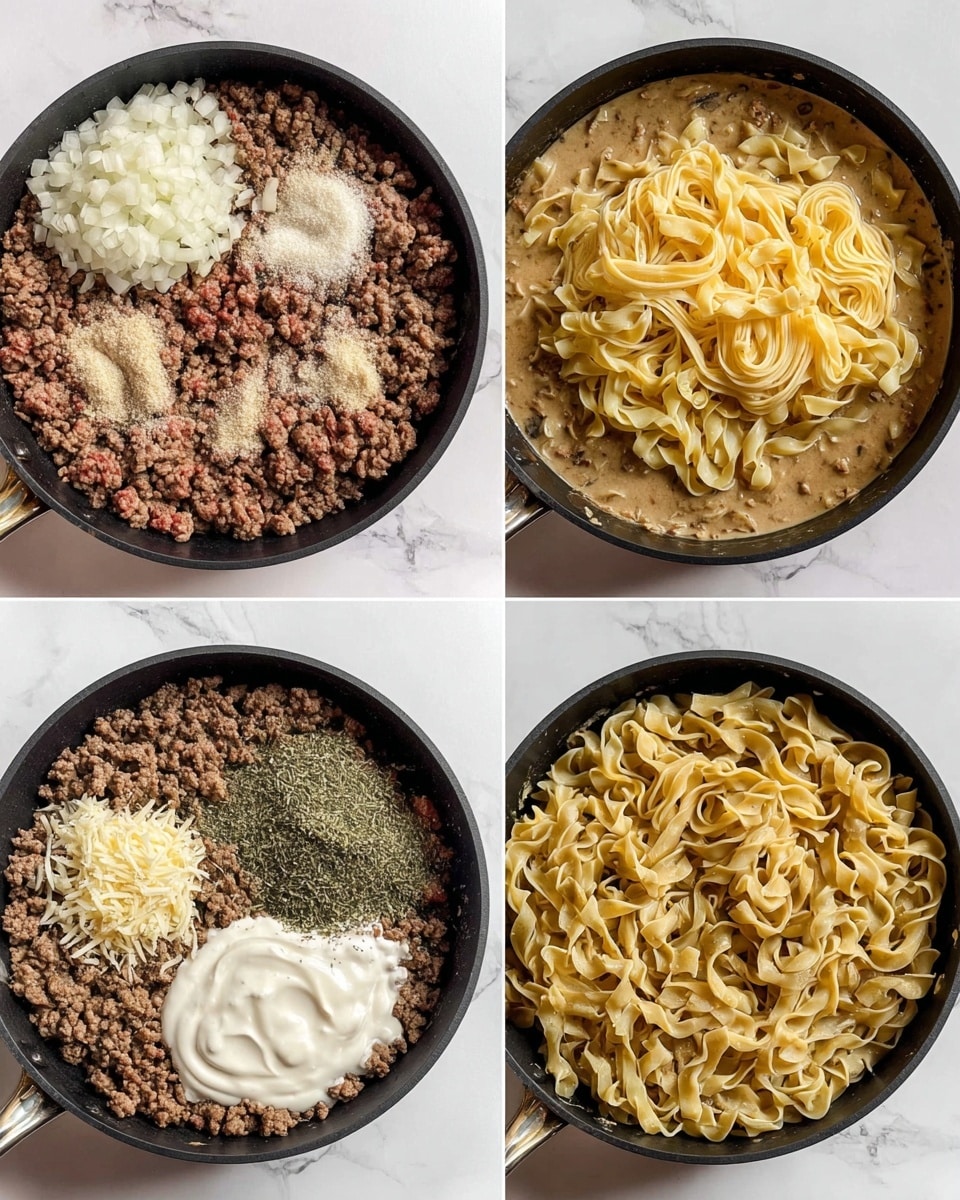 The image shows two white shallow bowls at the top, one filled with light pink ground meat and the other with darker red ground meat, both having a soft texture. Below them are six small white bowls arranged in two rows of three: the first row has a bowl with a creamy white liquid, a bowl with two bright orange egg yolks, and a bowl filled with small pale crumb-like pieces. The second row holds a bowl of finely chopped green herbs, a bowl with off-white grated cheese, and a bowl with two peeled garlic cloves and a small amount of black pepper. The bowls sit on a white marbled surface. The photo was taken with an iphone --ar 4:5 --v 7