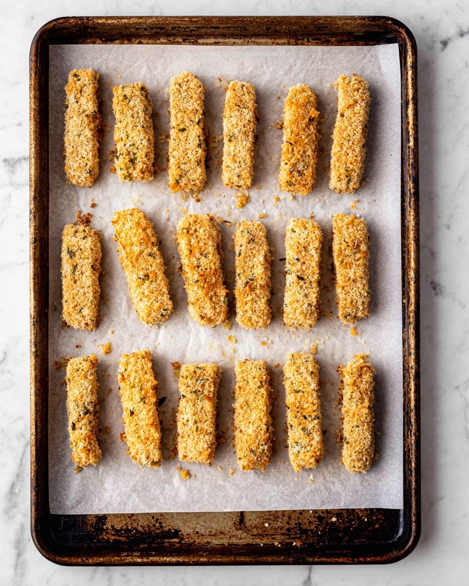The image shows fifteen breaded sticks arranged in three neat rows on a baking tray lined with white parchment paper. Each stick is covered in a light golden crumb coating with visible specks of herbs and seasoning, giving them a slightly rough and textured surface. The baking tray is metal with a weathered, darkened brown edge, and it sits on a white marbled background. The sticks are evenly spaced, and some loose crumbs are scattered around them on the paper. photo taken with an iphone --ar 4:5 --v 7