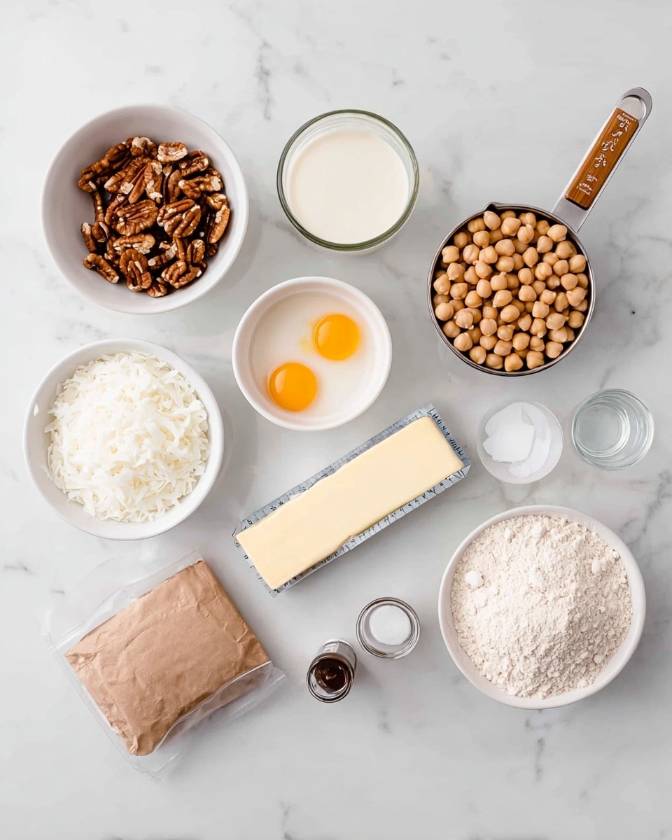The image shows eight baking ingredients placed on a white marbled surface. In the top left is a white bowl filled with chopped pecans, next to it a clear glass filled with a creamy white liquid. To the right, a metal measuring cup with a wooden handle holds round chickpeas. Below the chickpeas, there is a stick of butter with measurement markings on the wrapper. Towards the bottom left, a white bowl contains white shredded coconut, beside it is a small white bowl holding three egg yolks. Near the center bottom, a small clear glass contains a small amount of white liquid. An unopened bag of light brown powder lies in the center. A small bottle of dark vanilla extract sits near the pecans. All items are arranged neatly with clear visibility. Photo taken with an iphone --ar 4:5 --v 7