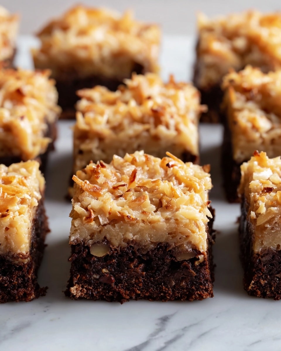 The image shows several square pieces of dessert with two visible layers, arranged on a white marbled surface. The bottom layer is thick, dark brown, and looks soft and fudgy, resembling a brownie base. The top layer is chunky, light tan with visible bits of shredded coconut and small nut pieces, giving it a rough texture. Each piece is evenly cut with clean edges, and the lighting highlights the moistness and texture of both layers. The background is softly blurred, keeping the focus on the front dessert pieces. Photo taken with an iphone --ar 4:5 --v 7