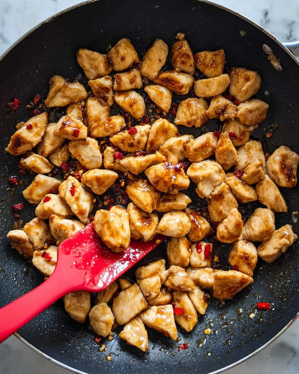 A black pan filled with many small pieces of cooked chicken, golden brown on some edges with a shiny glaze. Some pieces have small bits of red chili flakes on them. A bright red spatula is lifting a few pieces in the middle of the pan. The black pan sits on a white marbled surface. photo taken with an iphone --ar 4:5 --v 7