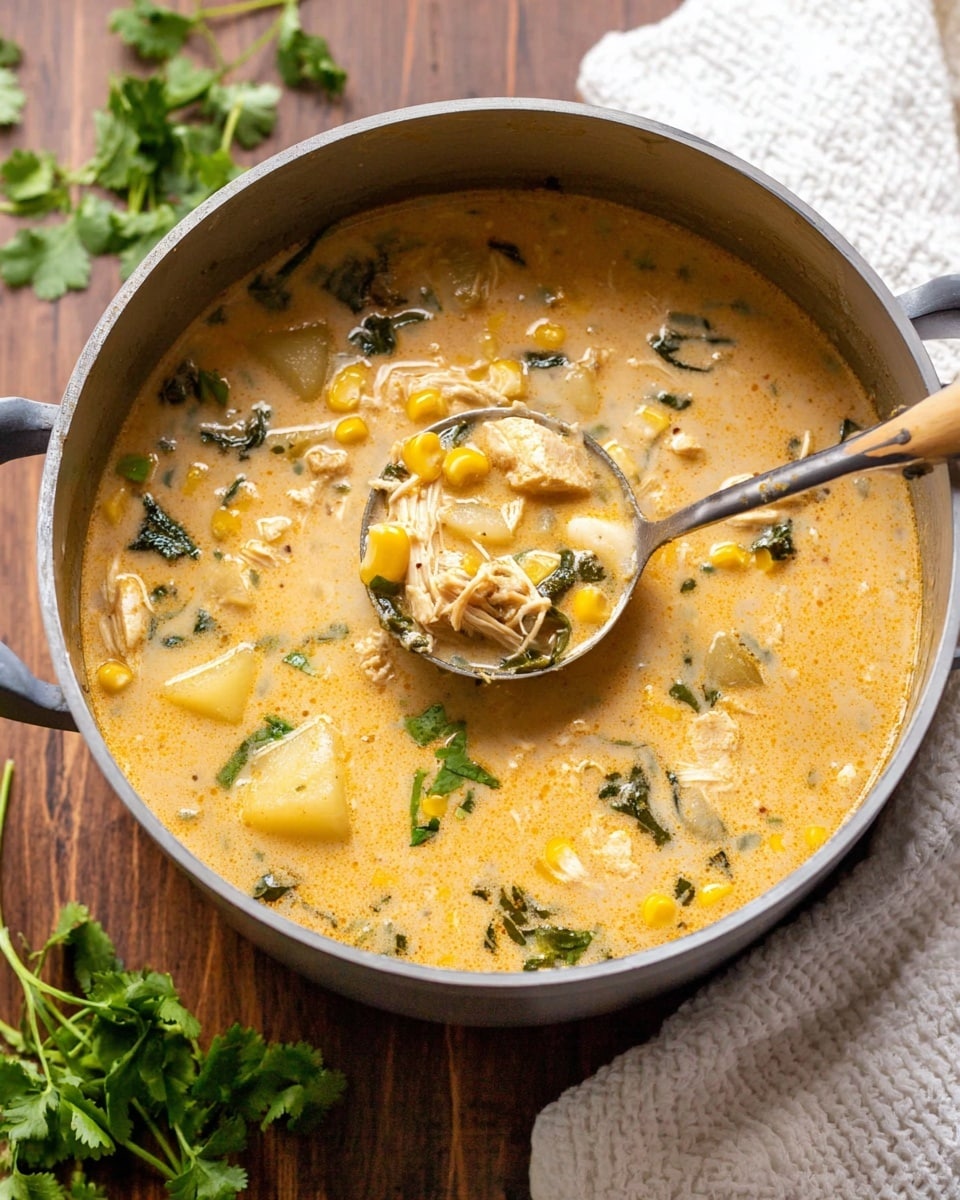A large silver pot filled with creamy, light orange soup with visible chunks of yellow corn, pale yellow potatoes, dark green leafy vegetables, and light brown pieces of cooked chicken. A silver ladle is dipped into the soup, scooping some with a mix of all ingredients. The pot rests on a brown wooden table with some fresh green cilantro leaves scattered around and a white textured cloth on the right side. The background shows a white marbled texture. photo taken with an iphone --ar 4:5 --v 7
