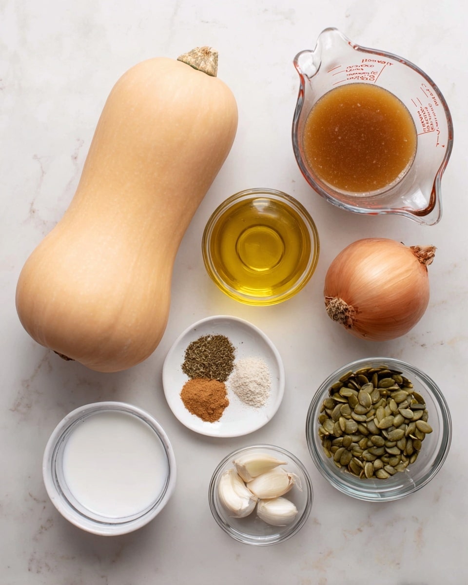 A pale orange butternut squash lies on the left side of a white marbled surface. To its right, a whole light brown onion sits near a clear glass bowl filled with white liquid. Below the onion and liquid, there is a clear glass measuring cup with brown broth. Next to it is a small clear glass bottle of yellow olive oil. Above these, a white round dish holds a mix of brown and beige powdered spices arranged in small piles. To the right of the spices, a clear bowl is filled with green pumpkin seeds. At the bottom right, a small clear bowl contains two peeled garlic cloves. All items are spaced evenly and photographed from above, photo taken with an iphone --ar 4:5 --v 7