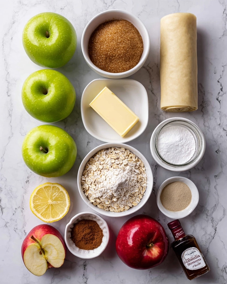 The image shows ingredients neatly arranged on a white marbled surface. There are four whole green apples placed in a square shape, one red apple below them, and one red apple cut in half with the two halves at the bottom left. Next to the apples, from top to bottom, are a white bowl filled with brown sugar, a small jar of caramel-colored syrup, a small square of butter, a rolled sheet of dough, a white bowl with oats, a white bowl with white flour, a lemon half, a small white bowl containing three different powders (brown, dark brown, and light beige), and a bottle of Madagascar vanilla bean paste lying at an angle. The overall color scheme is natural with fresh fruit, light and dark browns, creamy white, and green tones. The items are spaced and organized to show each clearly photo taken with an iphone --ar 4:5 --v 7