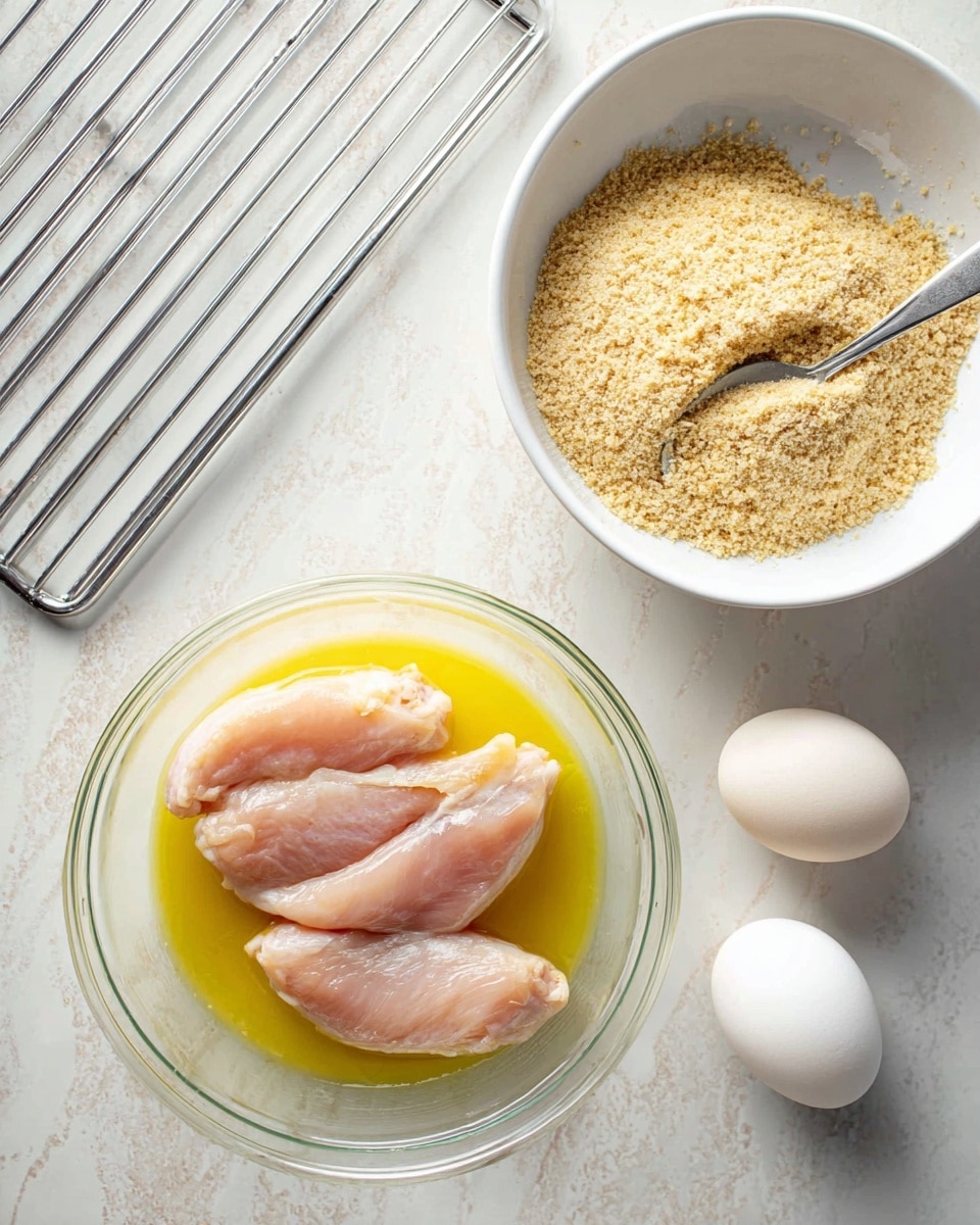 A clear glass bowl holds four raw chicken pieces soaking in a yellow liquid, likely egg wash, placed in the bottom left of the image. To the top right, a white bowl is filled with light brown, coarse bread crumbs with a small metal spoon inside. Two white eggs lie on the white marbled surface near the bottom right. A large metal cooling rack sits at the top left corner on the same white marbled surface. The whole setup looks clean and ready for breading the chicken. photo taken with an iphone --ar 4:5 --v 7