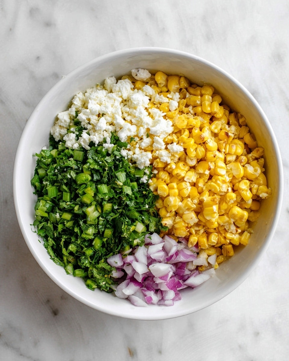 A white bowl holds five separate layers of ingredients: bright yellow grilled corn with slight char marks on the right, finely chopped fresh green cilantro at the top left, crumbled white cheese next to the cilantro, diced green peppers below the cilantro, and small pieces of red and white chopped onion at the bottom left. The bowl sits on a white marbled surface. photo taken with an iphone --ar 4:5 --v 7