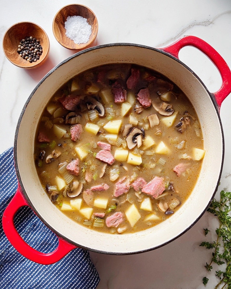 A white pot with a red handle holds a stew made of several layers: the base layer is a light brown broth with a smooth texture, mixed with diced pale yellow potatoes scattered throughout. Medium-sized pieces of cooked pinkish-brown meat are evenly spread on top of the potatoes. Light brown sliced mushrooms and small bits of translucent cooked onions float in the broth, adding texture and color contrast. The pot sits on a white marbled surface next to two small wooden bowls, one filled with coarse salt and the other with black peppercorns. A green sprig of herb is placed nearby, along with a blue and white striped cloth. photo taken with an iphone --ar 4:5 --v 7
