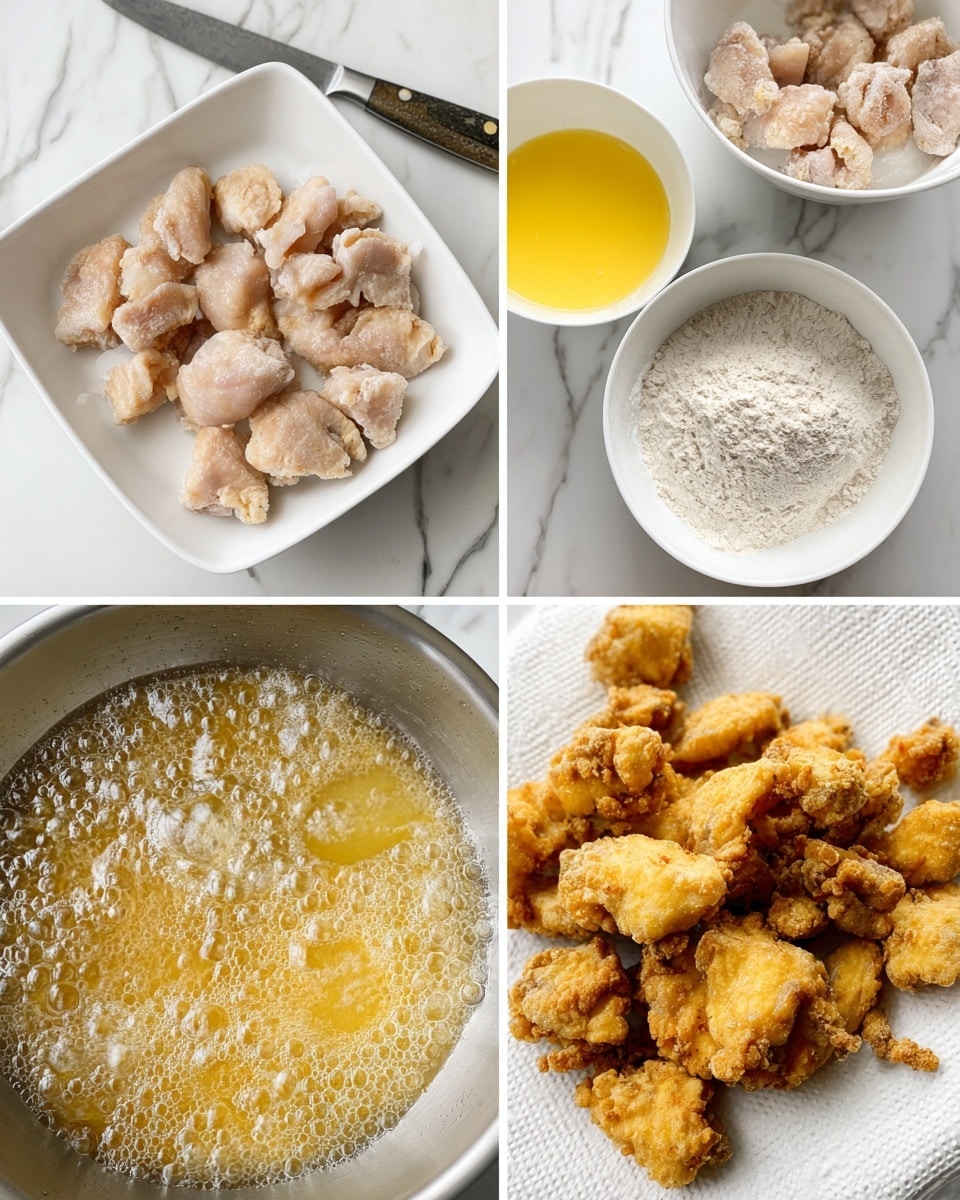 The image shows four stages of making fried chicken pieces arranged in a grid. The top left part has raw cut chicken pieces in a white square dish on a white marbled surface with a knife beside it. The top right part shows chicken pieces being dipped in yellow egg wash in a white bowl, next to a bowl filled with flour coating on the same white marbled surface. The bottom left part captures the chicken frying in bubbling hot oil with golden bubbles. The bottom right part displays crispy golden fried chicken pieces placed on a paper towel on the white marbled surface. photo taken with an iphone --ar 4:5 --v 7