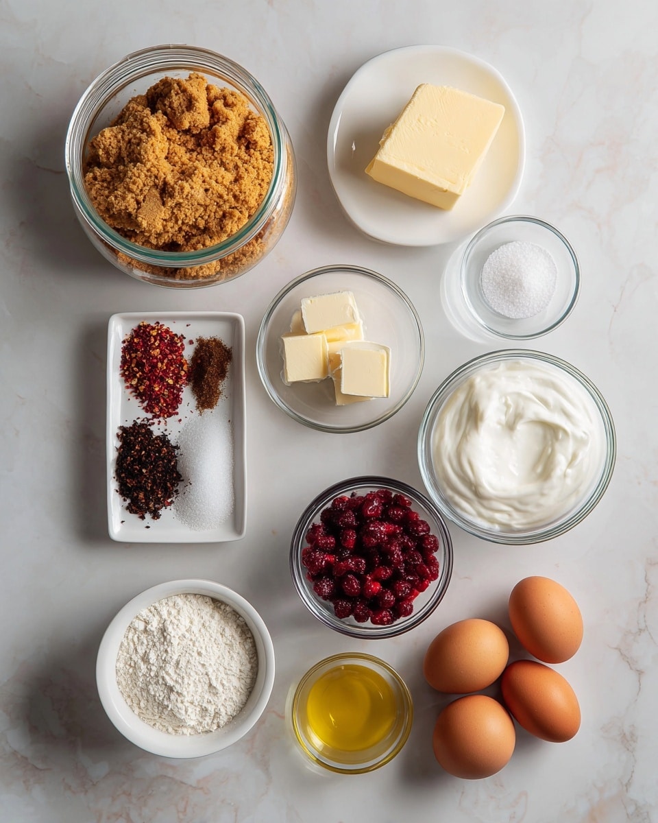 The image shows ingredients for a recipe carefully arranged on a white marbled surface. There is a large glass jar filled with crushed golden brown cookies placed in the top left. To its right, a small white dish holds a solid block of pale yellow butter. Below the jar, there is a small white bowl with fine white salt, beside which is a white dish filled with dark brown dried spices with red chili flakes. Next to that is a glass bowl containing bright red and dark purple berries. Below the spices, a glass bowl contains thick white cream and to its right, a glass bowl holds a square piece of soft white cream cheese. Below the cream cheese, three brown eggs form a small cluster. To their right, a small white bowl contains a yellow liquid that appears to be oil. At the bottom left, a small white dish holds white powder, likely flour. All the containers are clear glass or white ceramic, perfectly showing off the colors and textures of the ingredients. Photo taken with an iphone --ar 4:5 --v 7