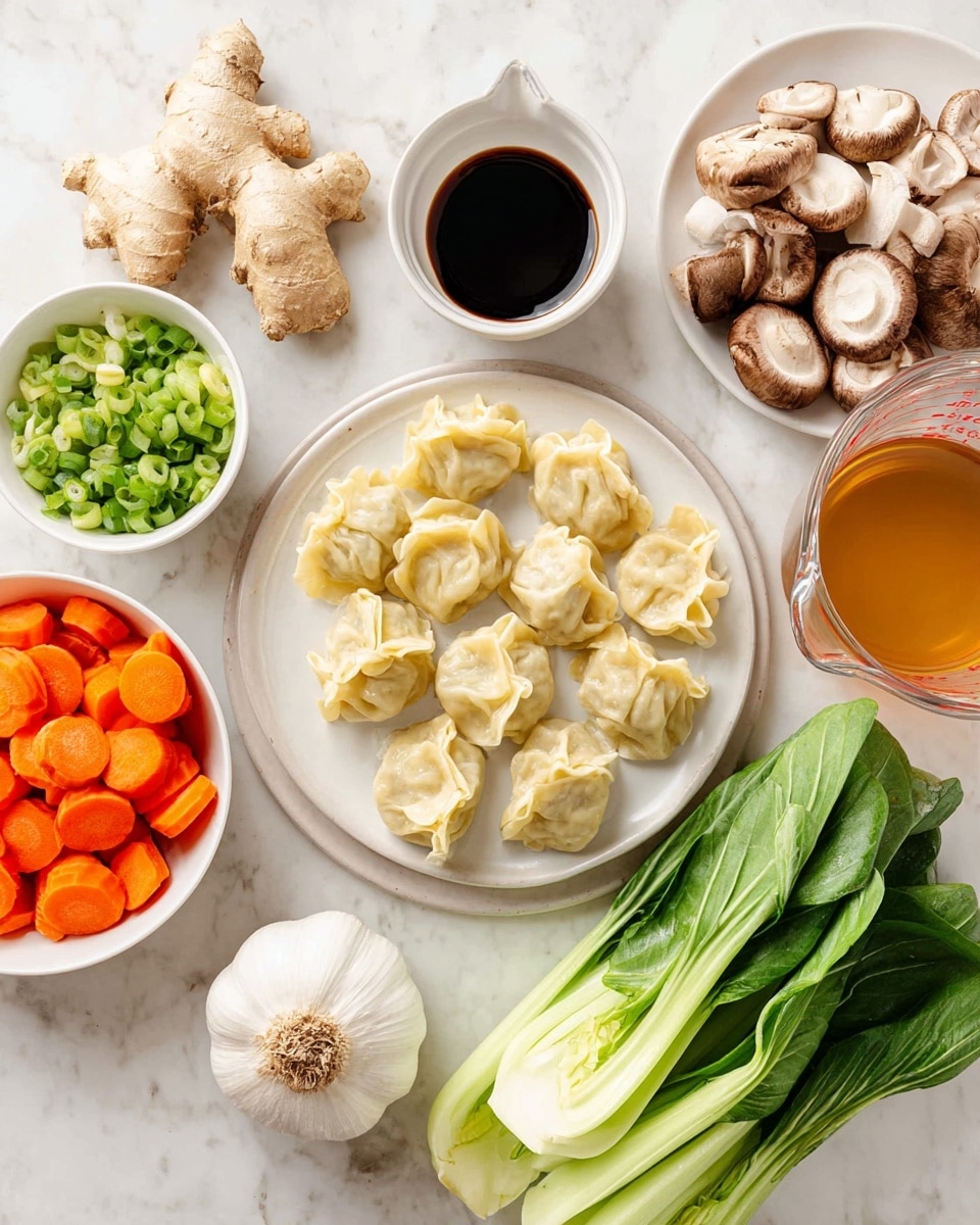 The image shows an arrangement of ingredients on a white marbled surface. In the center is a white plate filled with light yellow dumplings with visible folds and smooth texture. Surrounding the plate are small white bowls: orange sliced carrots in one bowl at bottom left, chopped green onions in a bowl above that, dark brown soy sauce in a small bowl above the plate, and sliced beige mushrooms with brown caps in a bowl to the upper right of the plate. To the right side, there are two whole fresh green bok choy with light green stems and dark green leaves. Near the bottom center is a whole white garlic bulb with the root intact. In the top left corner, a white plate holds fresh beige ginger root and a small glass bowl of light brown liquid. On the far right, a clear measuring cup contains light brown broth with measurement marks visible. The colors are natural and fresh, with a clean and bright look. Photo taken with an iphone --ar 4:5 --v 7