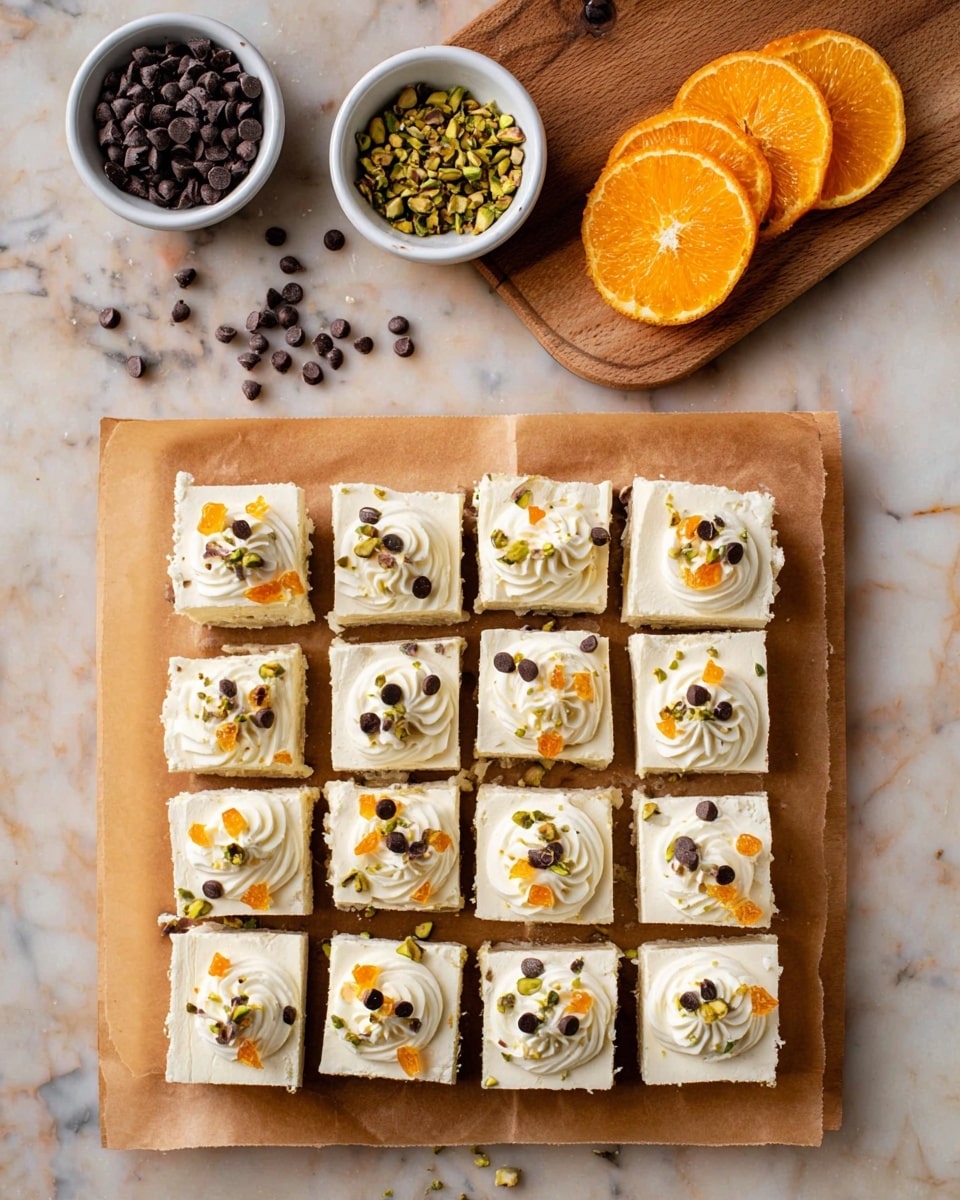 A tray of sixteen square pieces of creamy white dessert arranged in four rows and four columns on brown parchment paper, each piece topped with small swirls of white cream, scattered dark chocolate chips, small orange fruit pieces, and crushed green pistachios. Above the tray, there is a white marbled surface with loose dark chocolate chips around it. A wooden board holds two small white bowls, one filled with dark chocolate chips and the other with chopped pistachios, along with three round slices of vibrant orange fruit and small chunks of similarly colored fruit. Photo taken with an iphone --ar 4:5 --v 7