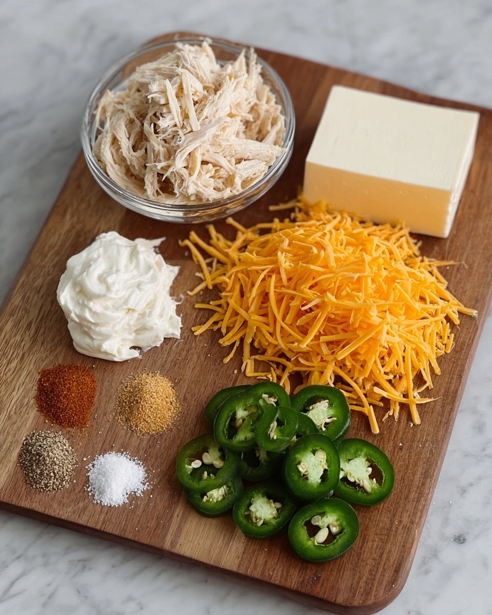 The image shows a wooden board with several ingredients neatly arranged on it. On the left side, a clear glass bowl holds shredded light beige chicken. Beside it, there is a dollop of white cream cheese and a solid block of cream cheese with a smooth texture placed towards the right edge. In front of these, there is a pile of shredded orange cheddar cheese. A row of green sliced jalapeño rounds is arranged in front of the cheeses. At the bottom left corner of the board, three small piles of spices are placed: coarse white salt, light brown ground cumin, and darker brown chili powder. The board rests on a white marbled surface. Photo taken with an iphone --ar 4:5 --v 7