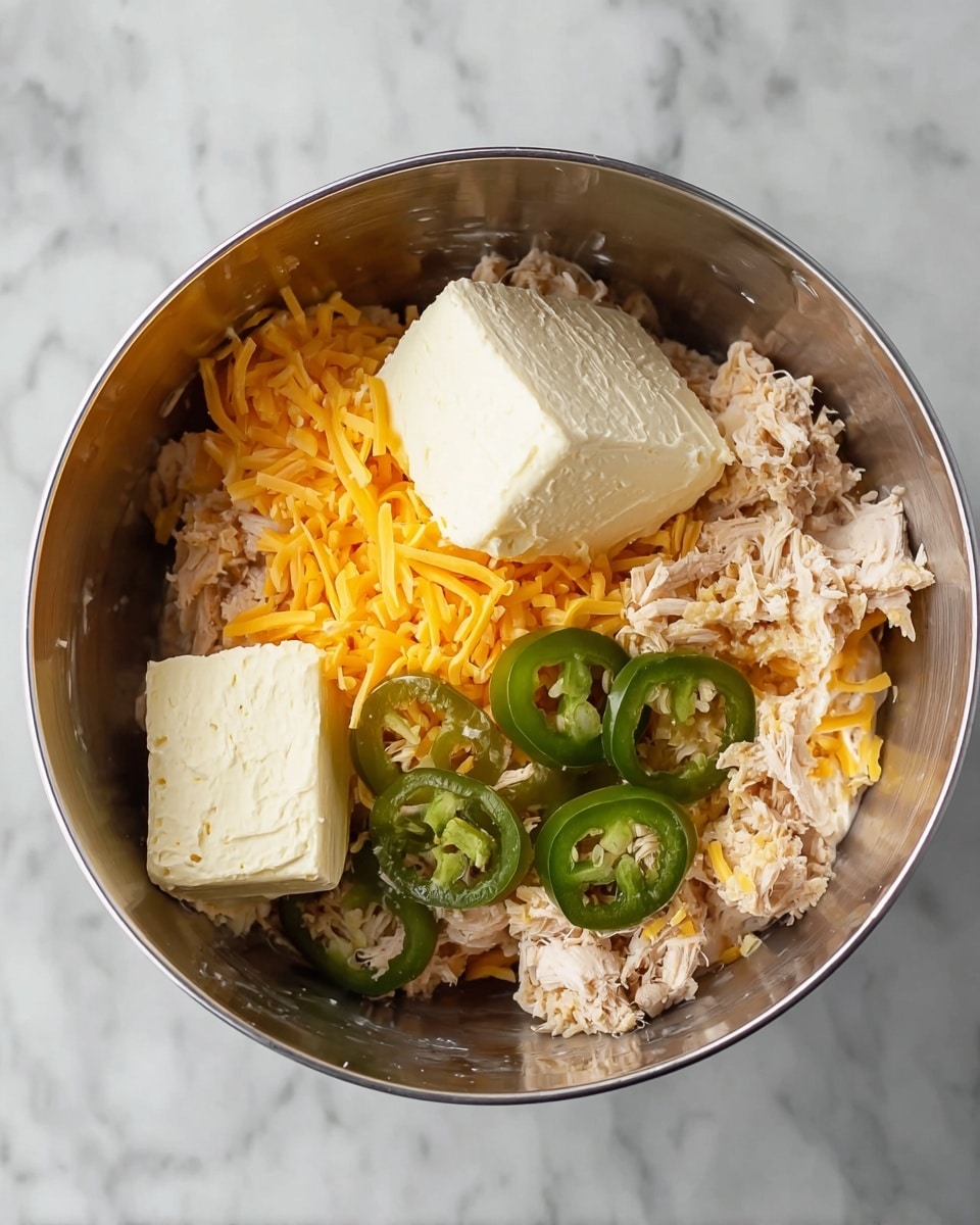 A top view of a silver mixing bowl filled with four visible layers of ingredients, placed on a white marbled surface. The bottom layer is light beige shredded chicken, covering the whole inside base of the bowl. On top of this is one large block of cream cheese on the left side and one smaller block on the bottom. In the center, there is shredded sharp cheddar cheese in bright orange, with sliced green jalapeños arranged on the right side. The texture shows the creamy softness of the cheese contrasting with the moist shredded chicken and fresh jalapeños. Photo taken with an iphone --ar 4:5 --v 7
