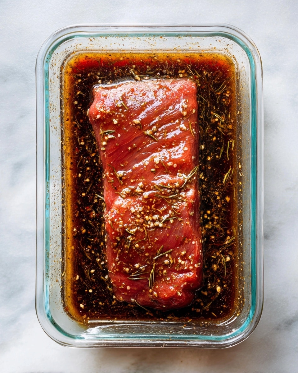 A rectangular piece of raw red meat is placed inside a clear glass dish filled with dark brown marinade. The marinade has visible specks of light-colored herbs and spices floating in it, covering the bottom of the dish and partially coating the meat. The meat’s surface is shiny and wet from soaking in the marinade, with some folds and creases on its texture. The dish is set on a white marbled surface. photo taken with an iphone --ar 4:5 --v 7