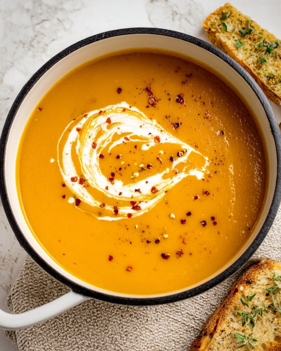 A white pot filled with smooth, thick orange soup. On top of the soup, there is a swirl of white cream creating a curved pattern in the center. Small red spice bits are scattered across the surface. The pot is placed on a white marbled surface with a textured beige cloth nearby, and two pieces of toast with herb spread rest beside the pot. Photo taken with an iphone --ar 4:5 --v 7