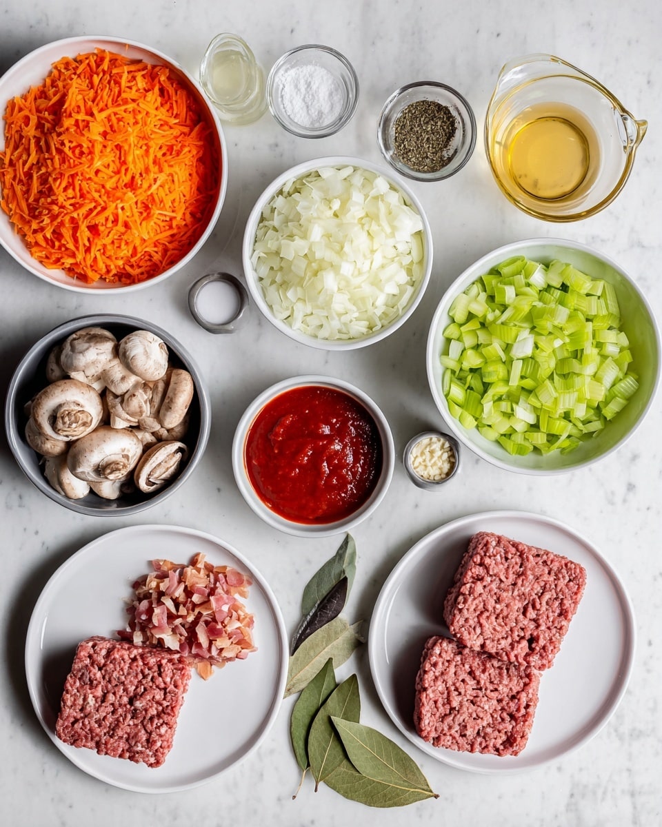The image shows an overhead view of various ingredients neatly arranged on a white marbled surface. At the bottom, two white plates hold two square portions of ground meat side by side, with a small bowl of diced bacon placed between them. Above these, there is a white bowl filled with bright orange shredded carrots to the left, a white bowl of chopped celery to the right, and a white bowl of cooked, chopped mushrooms next to it. Above the mushrooms is a white bowl containing finely chopped white onions. In the center, a small white bowl holds red tomato paste, and nearby, a small white dish contains two bay leaves. Next to it, a tiny black dish has minced garlic. Behind the bay leaves and garlic, clear measuring cups hold light-colored broth and oil, respectively. A small gray bowl with salt and pepper completes the arrangement. The photo is taken with an iphone --ar 4:5 --v 7