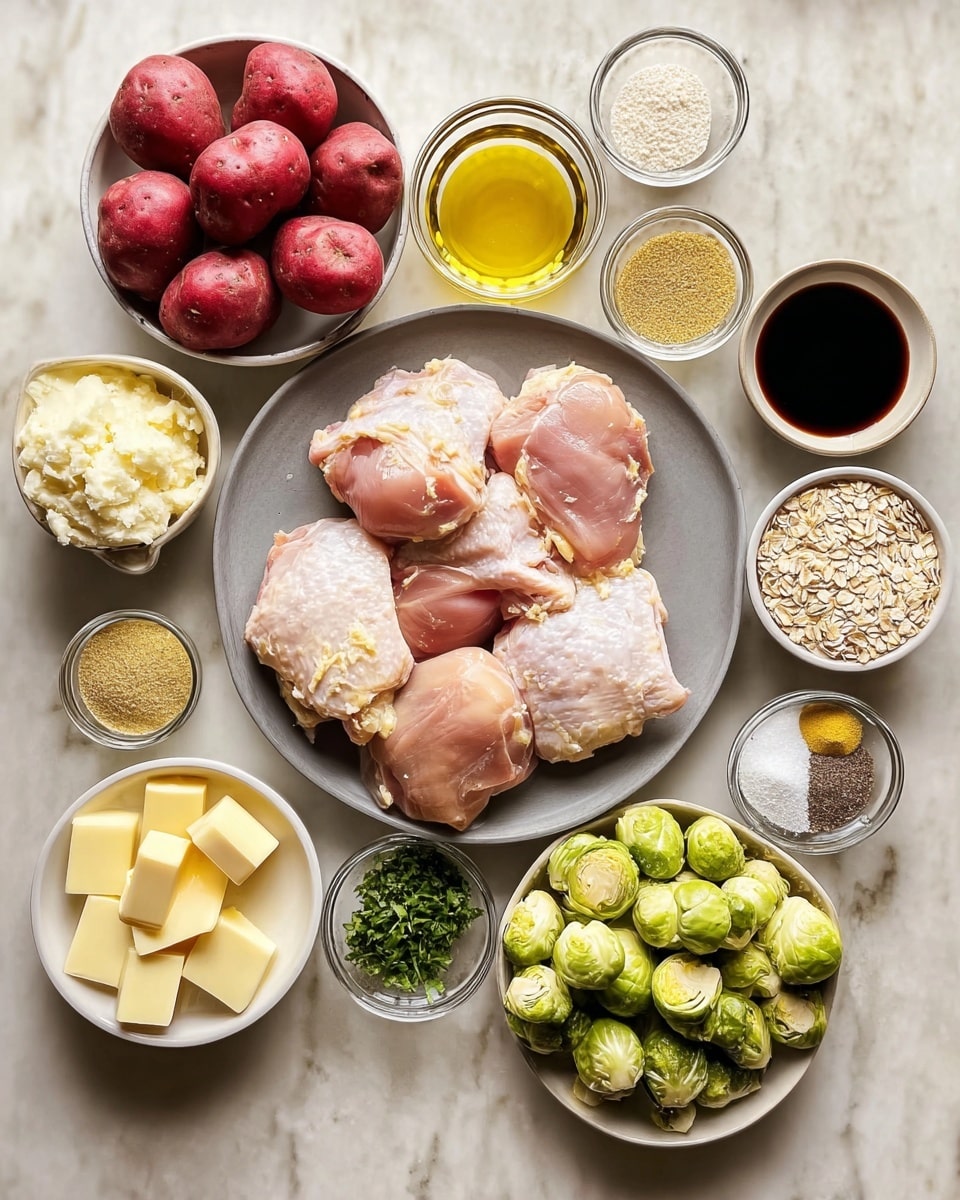 The image shows raw chicken thighs placed in the center of a round gray plate, with their pinkish skin and white fat visible. Surrounding this plate are various small white bowls holding ingredients: red potatoes on the top left, mashed garlic in a small glass bowl above the chicken, golden olive oil, pale apple cider vinegar, and dark balsamic vinegar in small bowls arranged top right. There are also fresh green chopped herbs in a white bowl next to the garlic, smooth yellow mustard in another white bowl, and a mix of black pepper, salt, and other light brown spices on a white plate nearby. To the lower right, fresh Brussels sprouts are shown halved in a clear glass bowl. There are small bowls with light beige oats, yellow butter cubes, white salt, and black pepper scattered around the main plate. All items sit on a white marbled surface. photo taken with an iphone --ar 4:5 --v 7