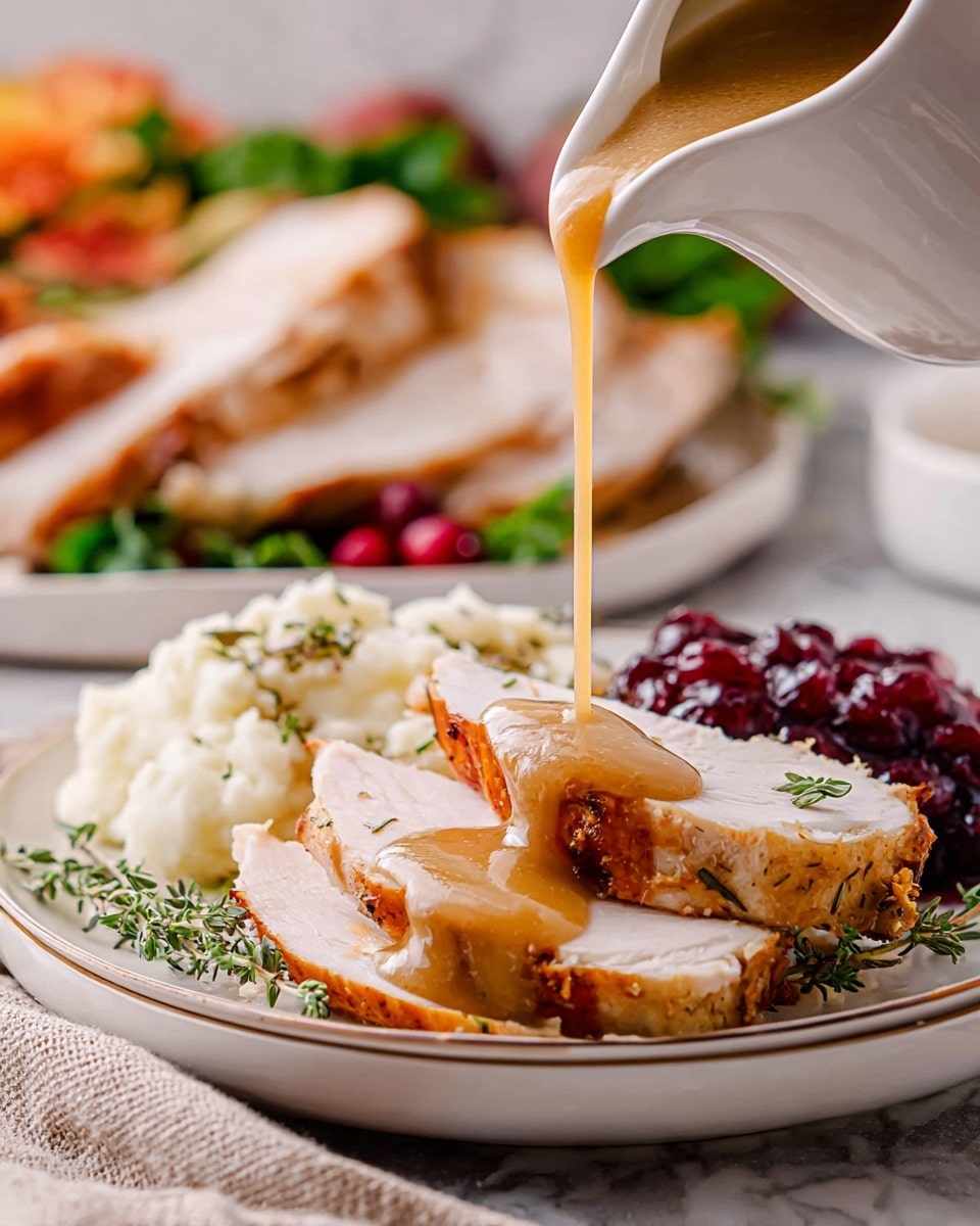 The image shows a white plate with three slices of roasted turkey stacked in the middle, each slice having a light brown outer layer with some herbs and a soft white inner part. Golden brown gravy is being poured in a thick stream over the top slice, slowly covering the layers below. On the left side of the plate, there is a small serving of fluffy white mashed potatoes with some gravy. Behind the turkey slices, there is a generous scoop of dark red cranberry sauce. The plate is placed on a light fabric over a white marbled textured surface. In the background, there is another white plate with a larger portion of turkey and some green and red garnishes, slightly out of focus. photo taken with an iphone --ar 4:5 --v 7