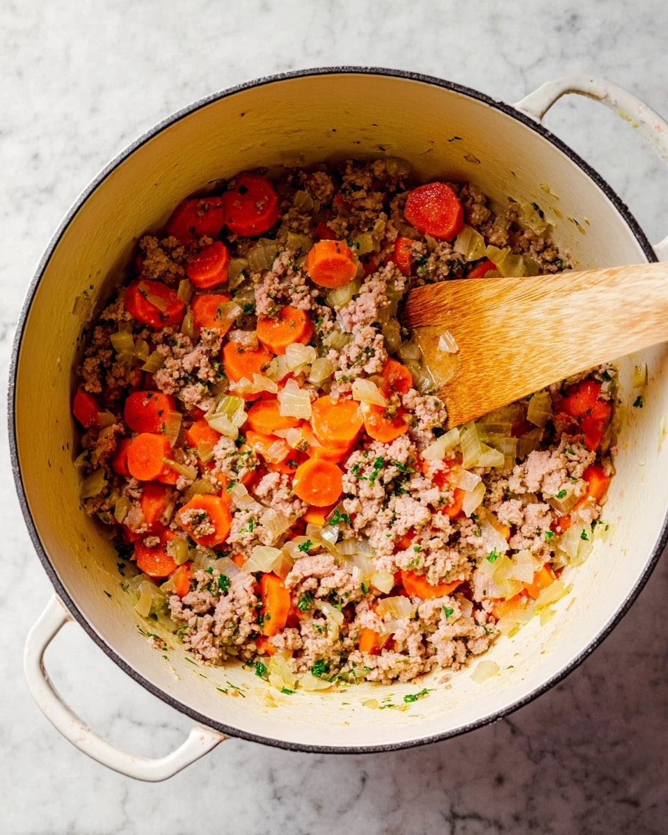 Inside a white pot, a mix of light brown ground meat and bright orange carrot slices is cooking together. Chopped translucent onions are scattered throughout, adding a soft texture, and tiny green herb bits are dotted around, blending with the other ingredients. A wooden spatula is resting on the right side inside the pot, slightly lifting some of the mixture. The pot sits on a white marbled surface. photo taken with an iphone --ar 4:5 --v 7