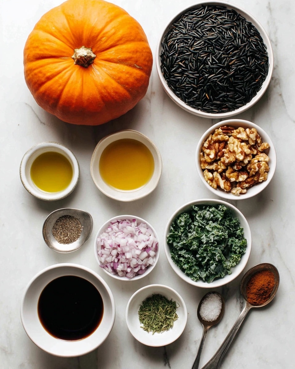 The image shows a bright orange pumpkin on the top left corner on a white marbled surface. Surrounding it are several small white bowls and metal cups arranged in a loose circle, each holding different ingredients. Starting at the top right, one metal cup is filled with long, shiny black wild rice. Next to it on the right, a white bowl contains light brown chopped walnuts. Below it, another white bowl holds finely chopped red onions. To the left of this, a white bowl has golden olive oil. Next to it on the left, a small white bowl contains dark soy sauce. Below that, a small bowl holds a mix of salt and black pepper. Next to it on the right is a very small white bowl with chopped green herbs. Near the bottom right corner, two silver spoons hold minced garlic and some brown spice or paste. To the left of the pumpkin, a metal cup contains dark green chopped kale. Finally, a white bowl nearby holds grated cheese, all placed on the white marbled background photo taken with an iphone --ar 4:5 --v 7