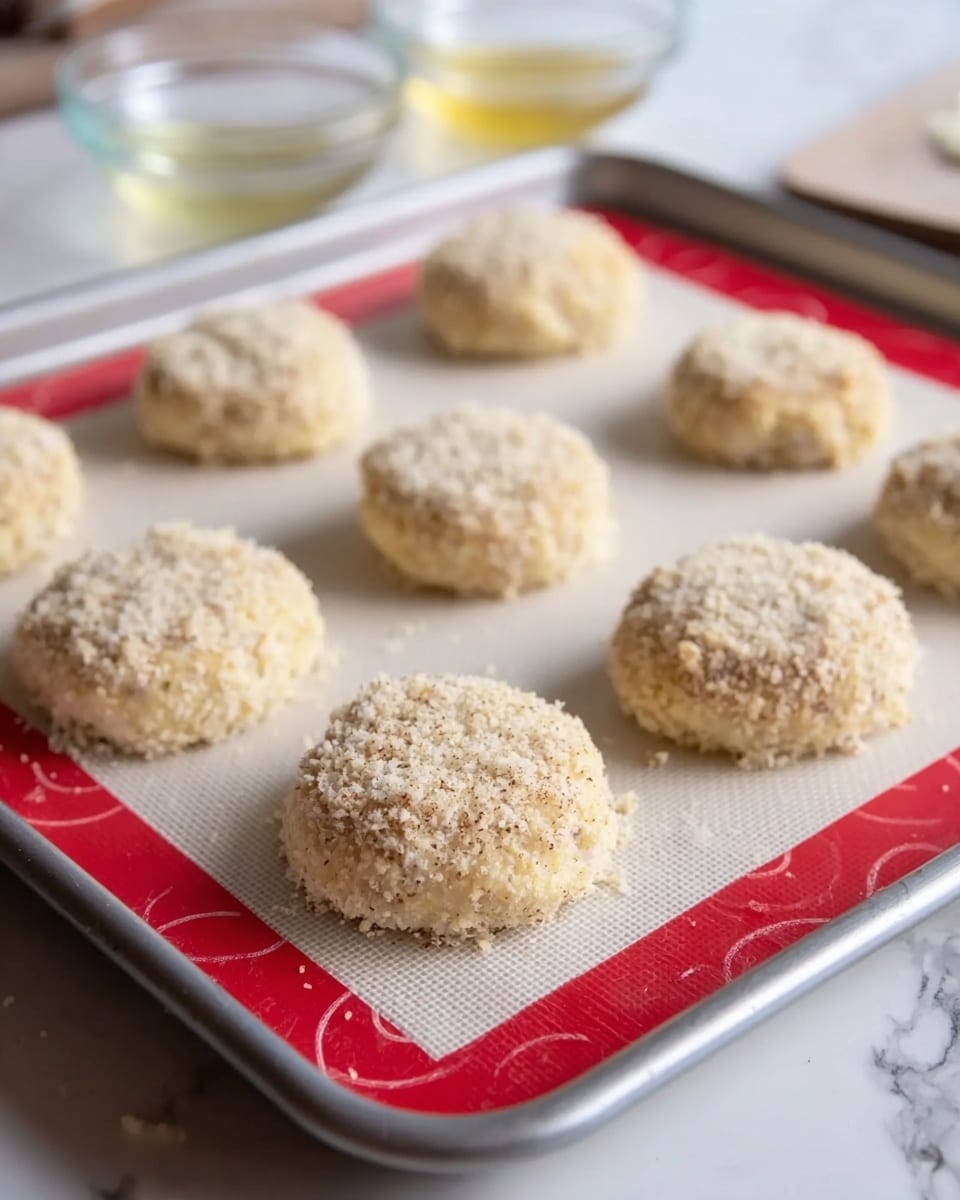 The image shows eight round patties evenly placed on a baking tray lined with a white silicone mat that has red edges and circular patterns. Each patty is light beige and coated with a crumbly, grainy topping giving them a slightly rough texture. The patties are spaced apart in two rows, slightly puffed up, and appear ready to be baked. In the background, there are two small clear bowls with liquid contents blurred out on a white marbled surface. Photo taken with an iphone --ar 4:5 --v 7