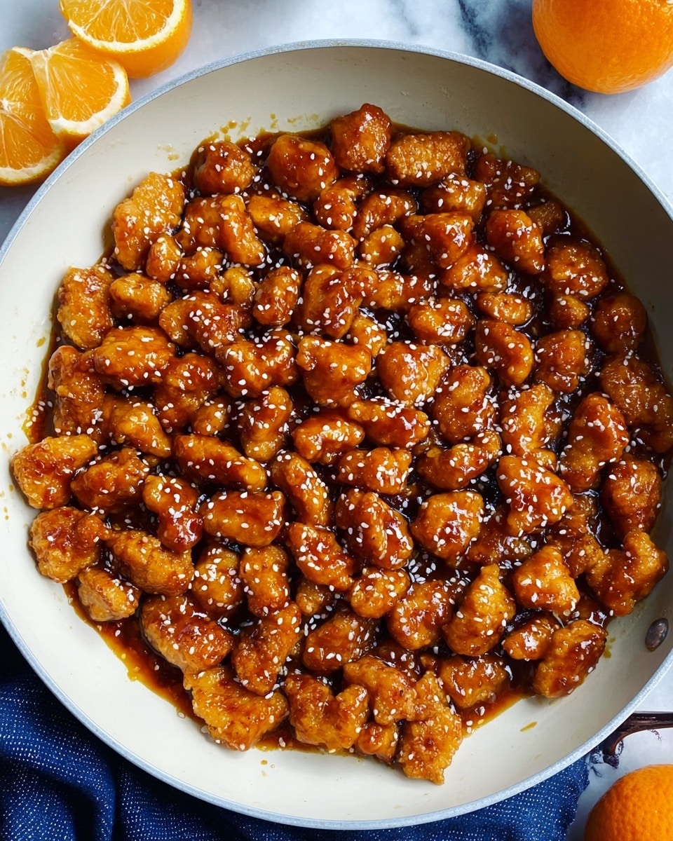A white pan filled with many small pieces of golden-brown fried chicken, covered in a thick, shiny orange-brown sauce, with a few white sesame seeds sprinkled on top. The sauce pools slightly around the chicken pieces, giving a glossy, sticky look. Around the pan’s edges, part of a dark blue cloth is visible, and there are halved oranges on a white marbled surface near the pan. photo taken with an iphone --ar 4:5 --v 7