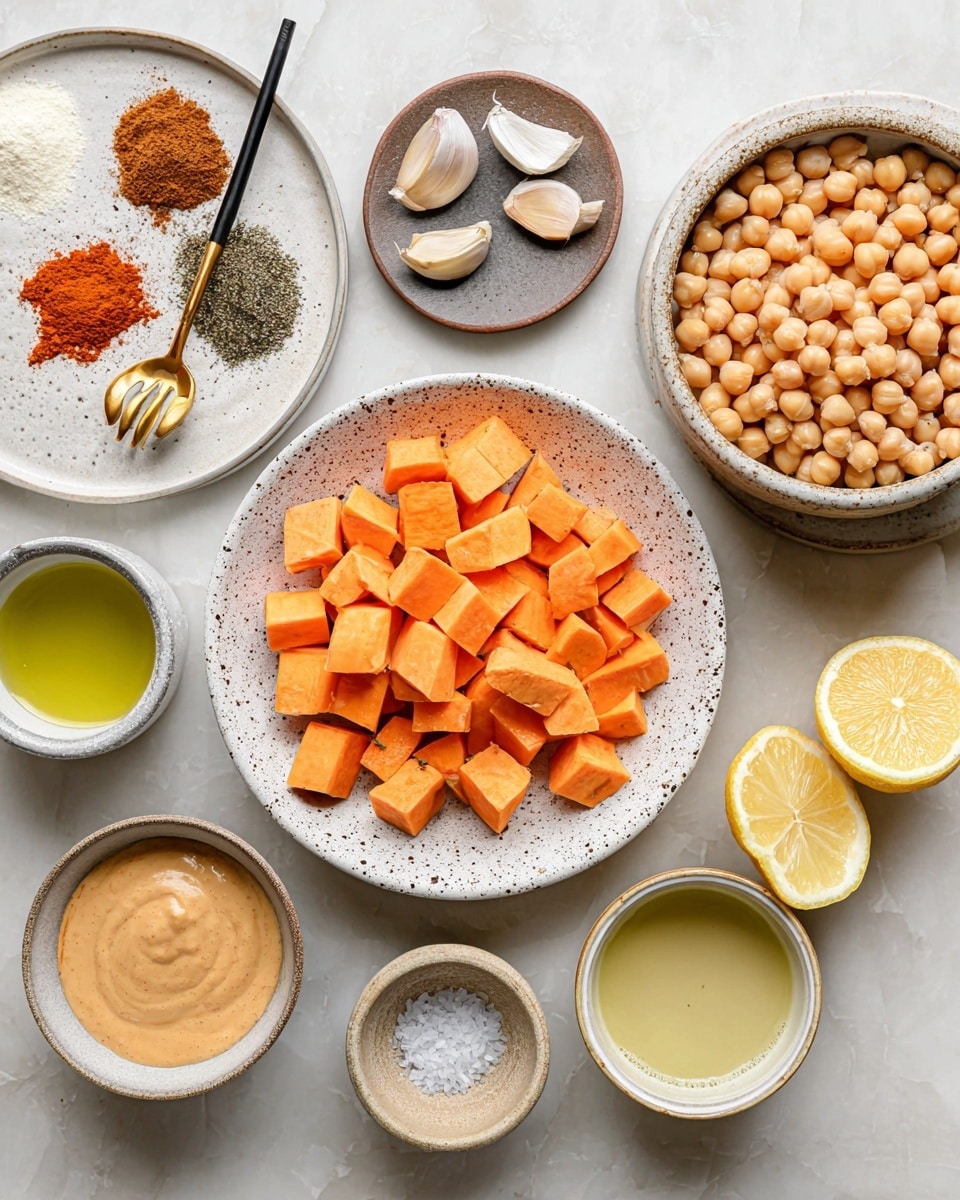 The image shows an arrangement of cooking ingredients on a white marbled surface. In the center, there is a white speckled bowl filled with evenly cut bright orange cubes of sweet potato. To the top right, a bowl with a rough texture holds whole light beige chickpeas. Above the sweet potato bowl, there is a small brown plate with two garlic cloves and some peeled garlic skin. To the left, a white plate holds three piles of spices in brown and red shades with a black and gold spoon resting on it. Below the white plate, a small bowl contains green olive oil. Near the bottom center, there is a beige bowl filled with a creamy peanut-colored sauce, and to its right, another beige bowl contains a light yellow liquid. Two lemon halves lay to the bottom right, with one showing seeds at its center. A small bowl with salt and pepper is positioned near the top right of the lemon halves. The overall look is clean, organized, and colorful. photo taken with an iphone --ar 4:5 --v 7