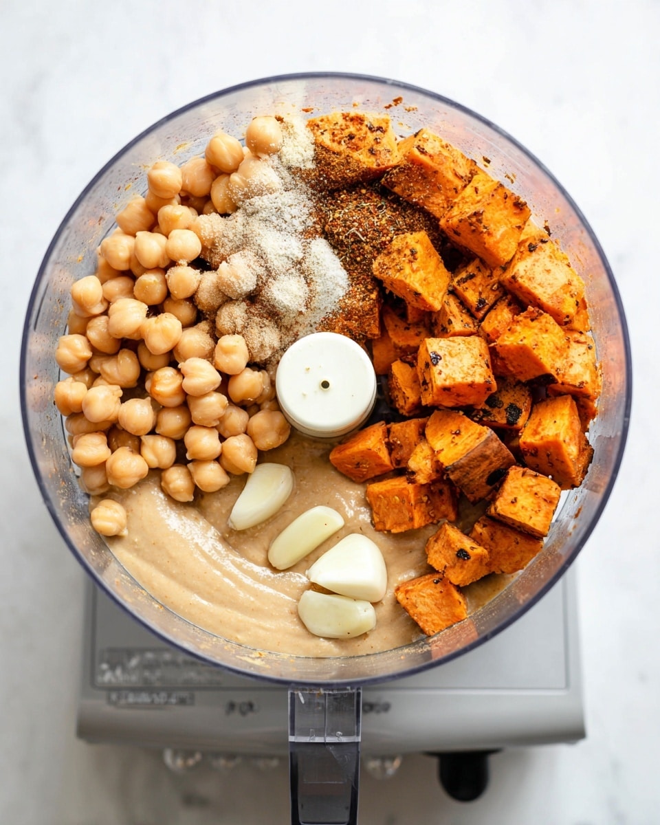 A food processor filled with multiple layers of ingredients is shown from above on a white marbled surface. Inside the clear bowl, on the left side, there are beige chickpeas topped with white salt and brown spices spread over them. Toward the right, there are orange cubes of roasted sweet potatoes with black specks, lightly charred on some edges, and on top of them, two peeled white garlic cloves are placed. At the center bottom, a creamy light brown tahini sauce pools beside the chickpeas and sweet potatoes with the food processor's white blade hub in the middle. The clear plastic lid of the food processor and part of a white base are visible. photo taken with an iphone --ar 4:5 --v 7